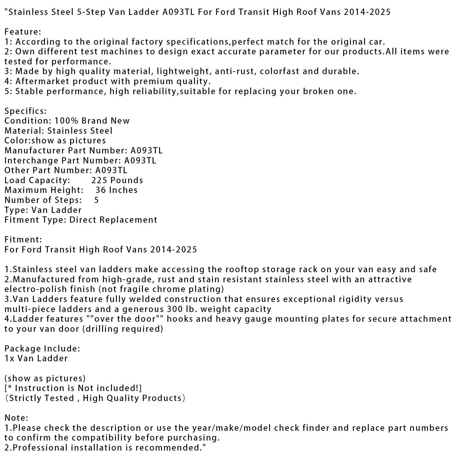 5-stopenjska lestev iz nerjavečega jekla za kombi z visoko streho za Ford Transit (2014-2025) A093TL