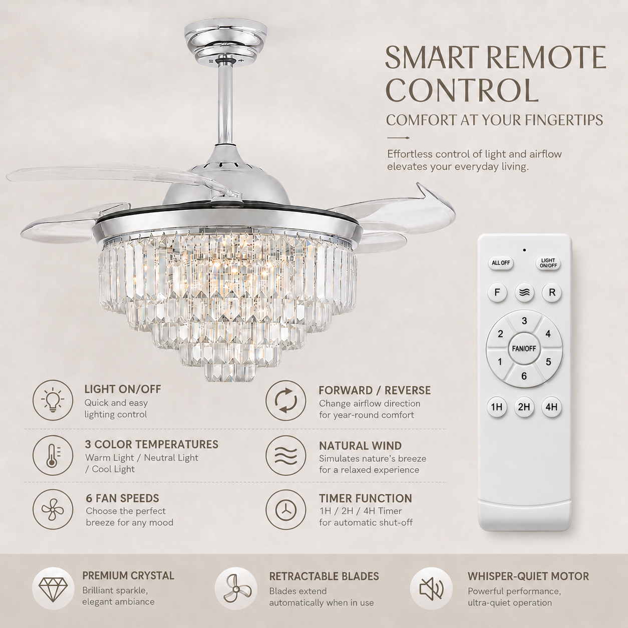 Ventilateur de plafond en cristal de 106 cm avec éclairage pales rétractables couleur argent 6 vitesses