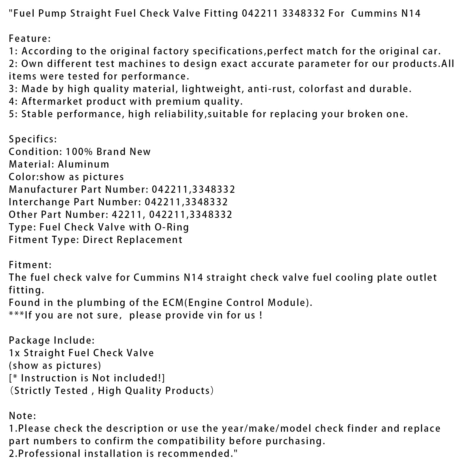 Raccord de clapet anti-retour de pompe à carburant droit 042211 3348332 pour Cummins N14