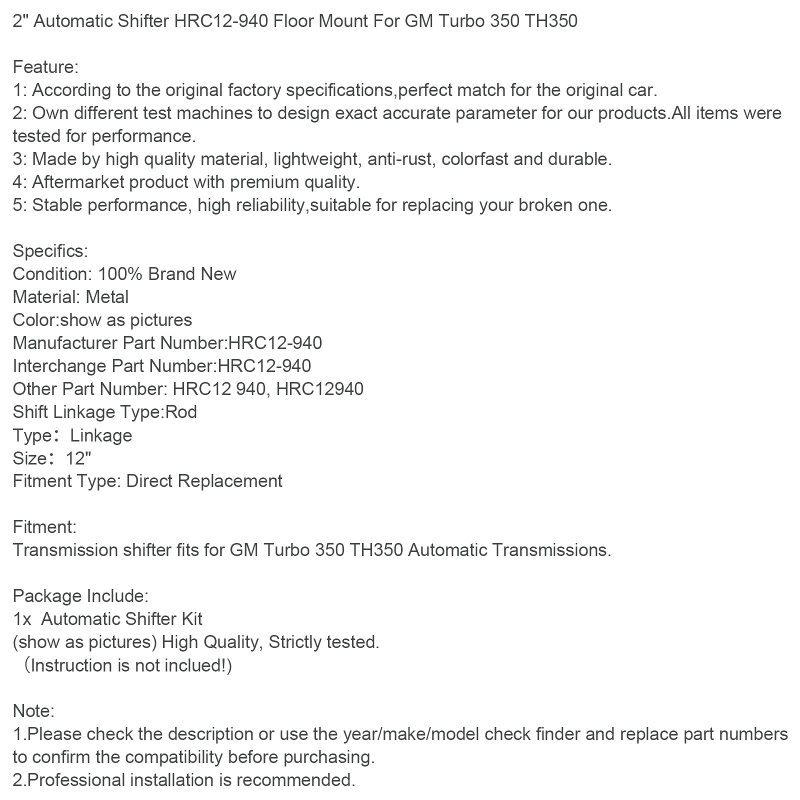 12" automaattivaihteisto HRC12-940 lattiakiinnitys GM Turbo 350 TH350