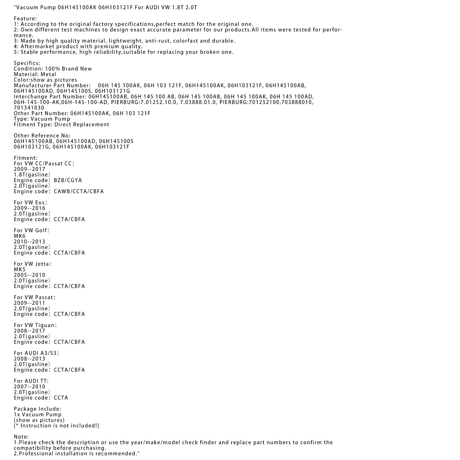 Pompe à vide AUDI VW 1.8T 2.0T 06H145100AK 06H103121F 06H145100AB