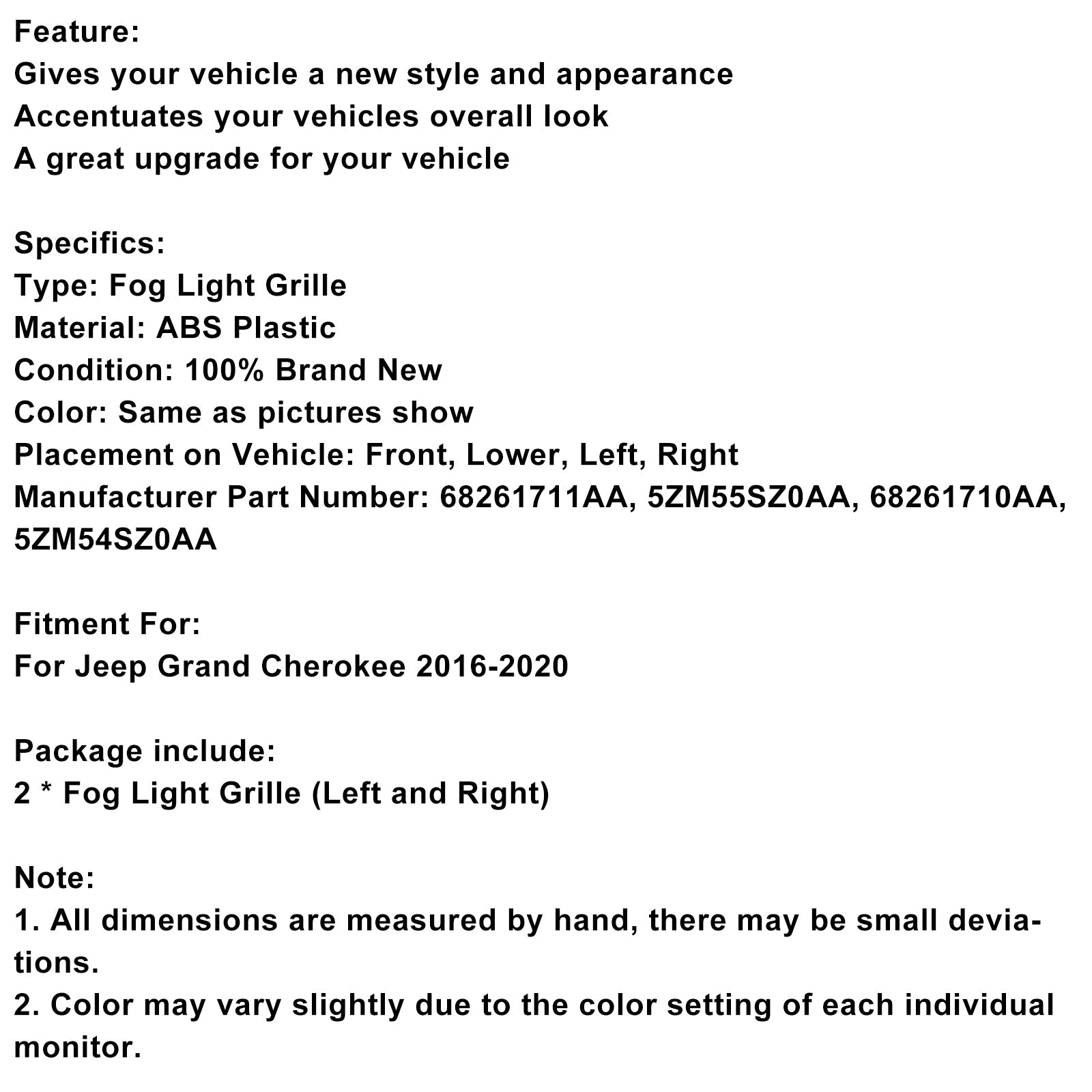 Jeep Grand Cherokee 2016-2020 Lot de 2 phares antibrouillard avant 68261711AA