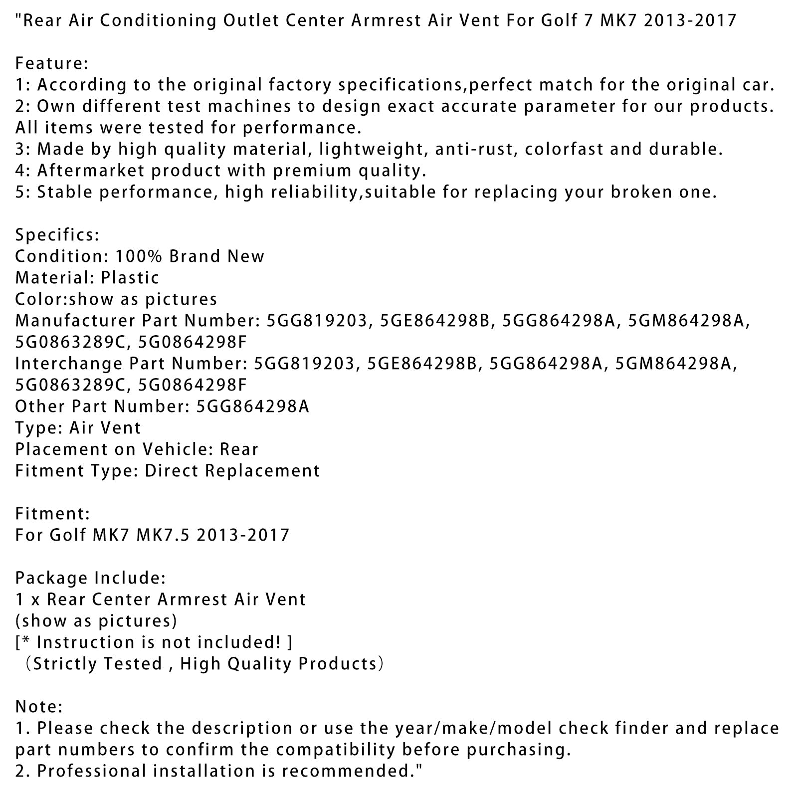 Sortie de climatisation arrière pour accoudoir central de la Golf 7 MK7 2013-2017