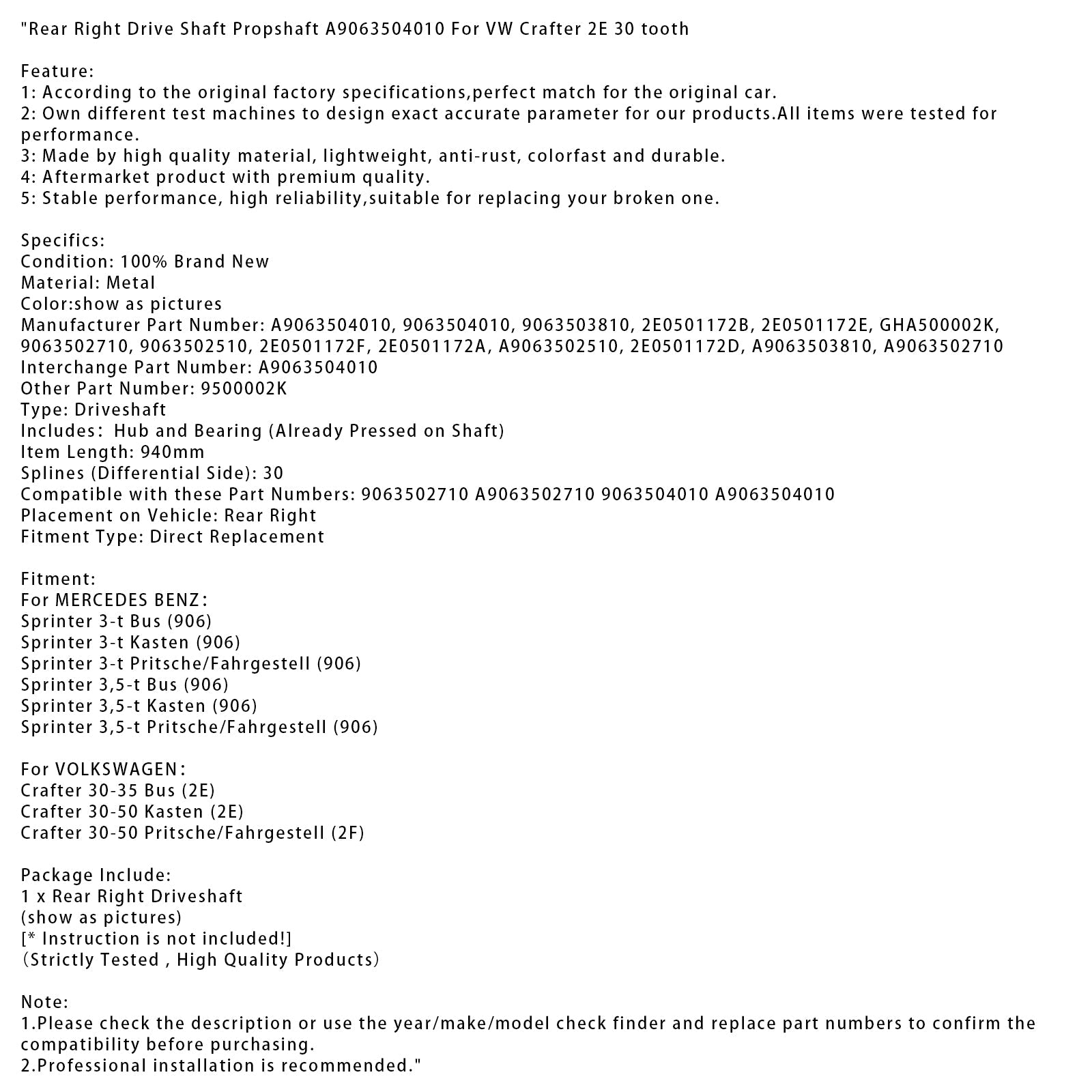 Mercedes Benz Sprinter 3,5-T Kasten Right Transmission Tree (906) A9063504010 9063502710