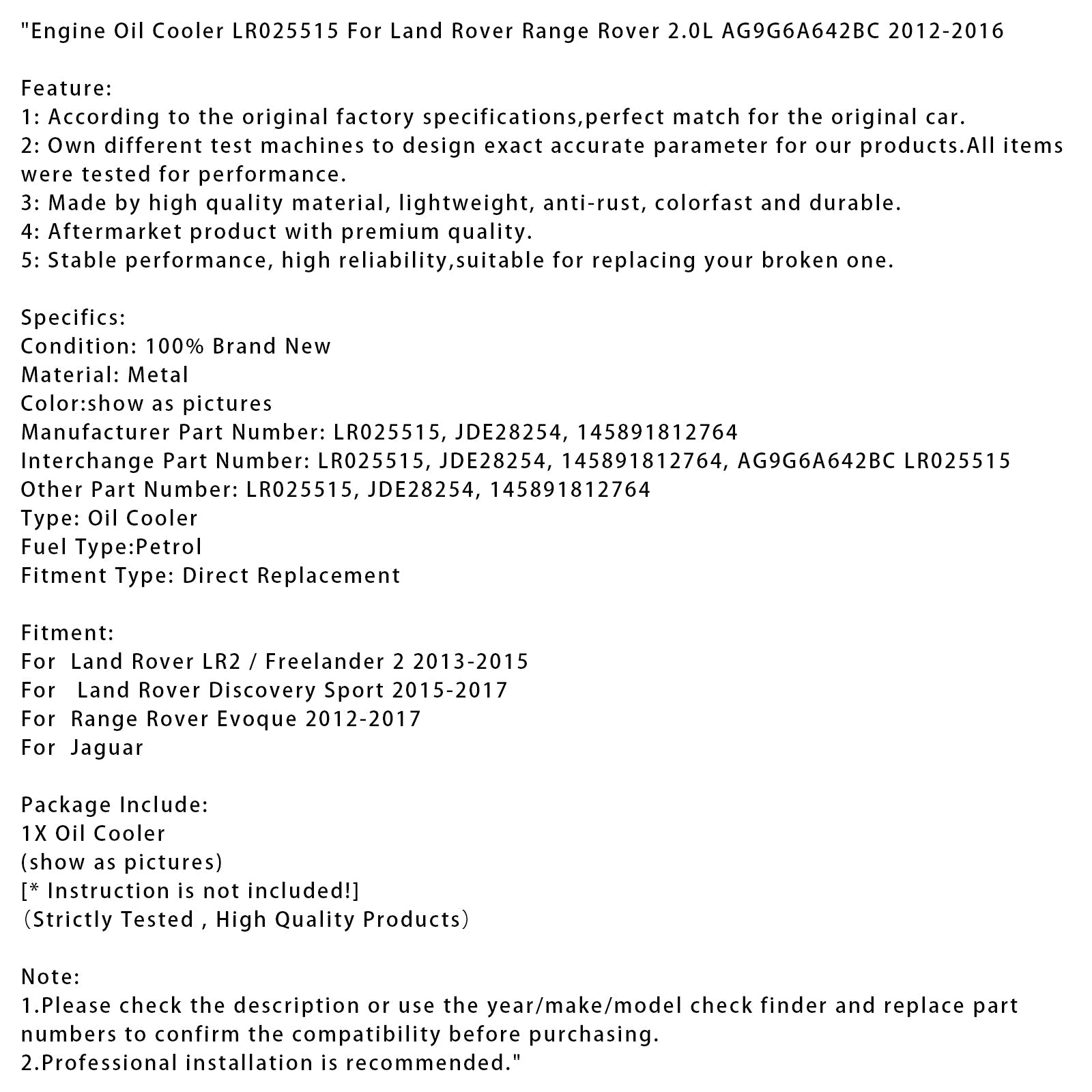 Refroidisseur d'huile moteur LR025515 pour Land Rover Range Rover 2.0L AG9G6A642BC 2012-2016