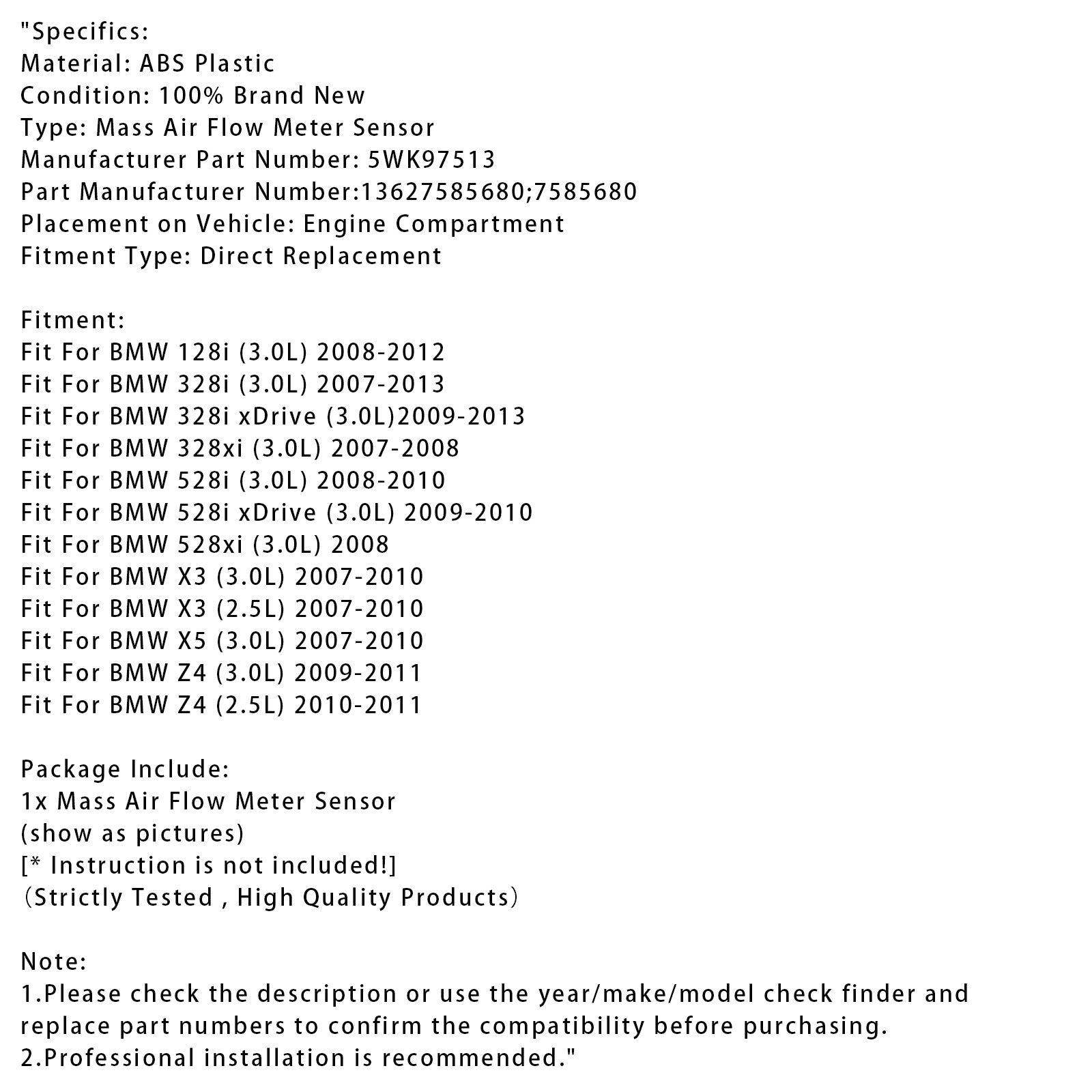 Sensore del misuratore di portata d'massa d'aria per BMW 128i 328i X3 X5 Z4 13627585680
