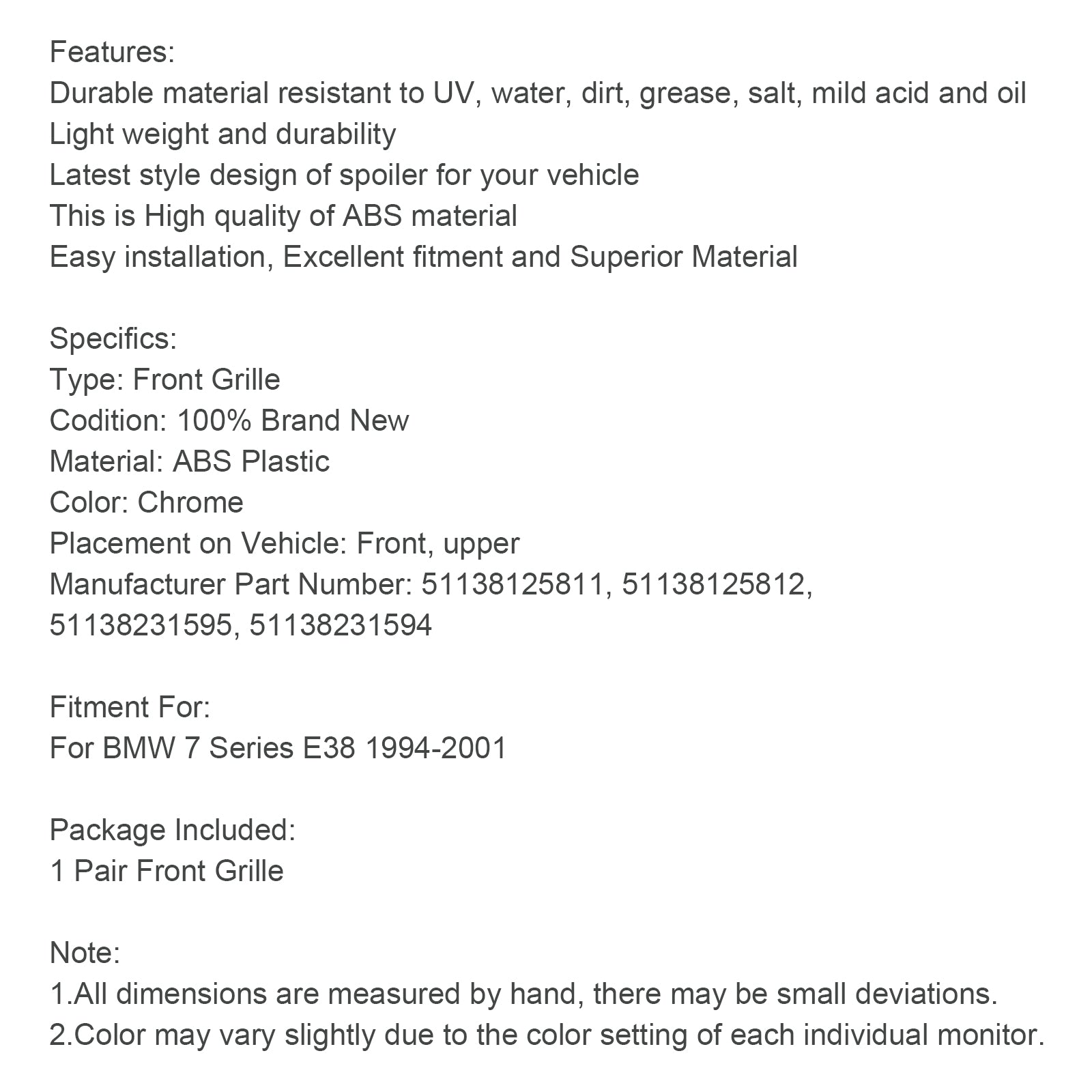 Grill de riñón frontal de 2pcs para la parrilla de riñón para BMW 7 E38 1994-2001