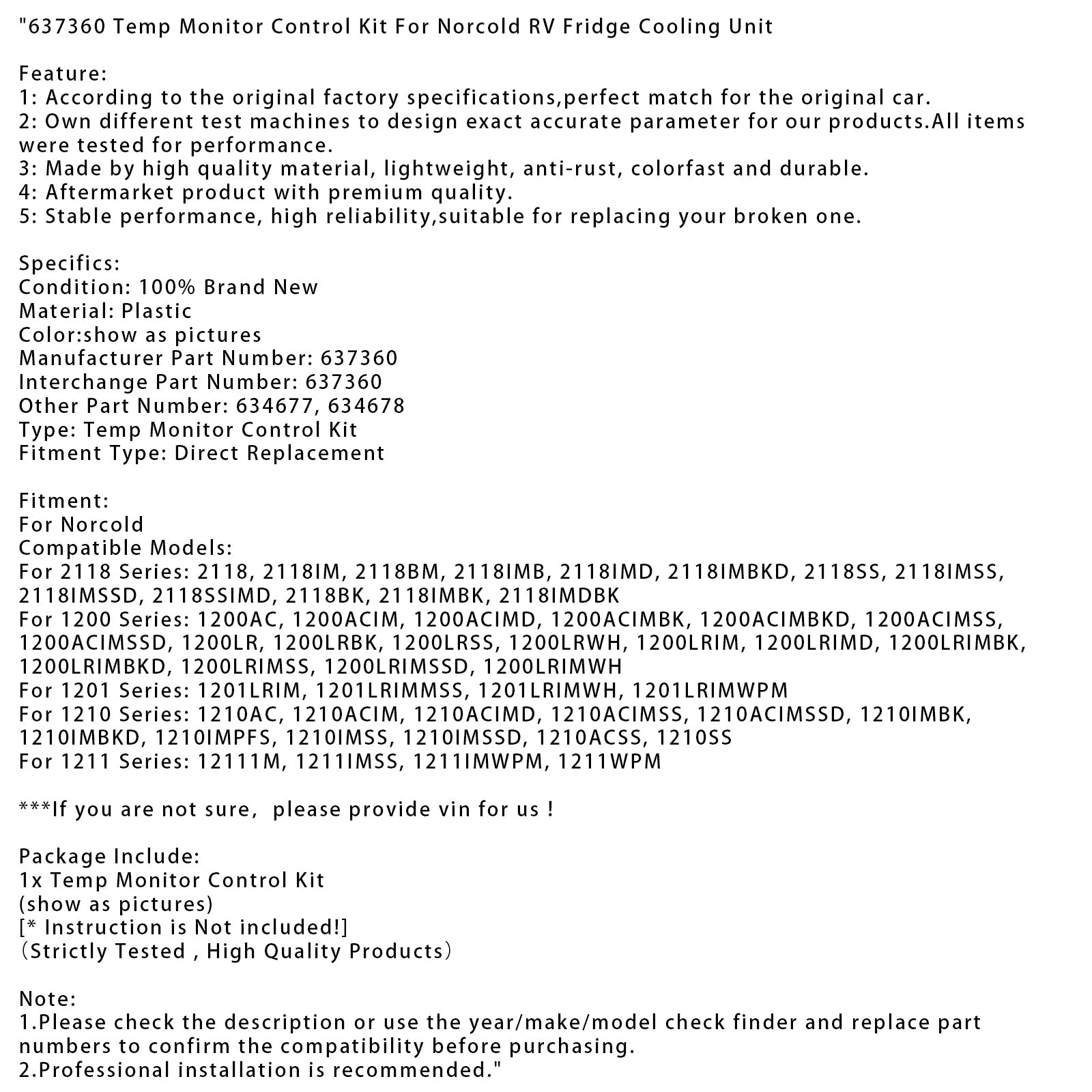 Kit de contrôle de température 637360 pour groupe frigorifique de réfrigérateur de camping-car Norcold