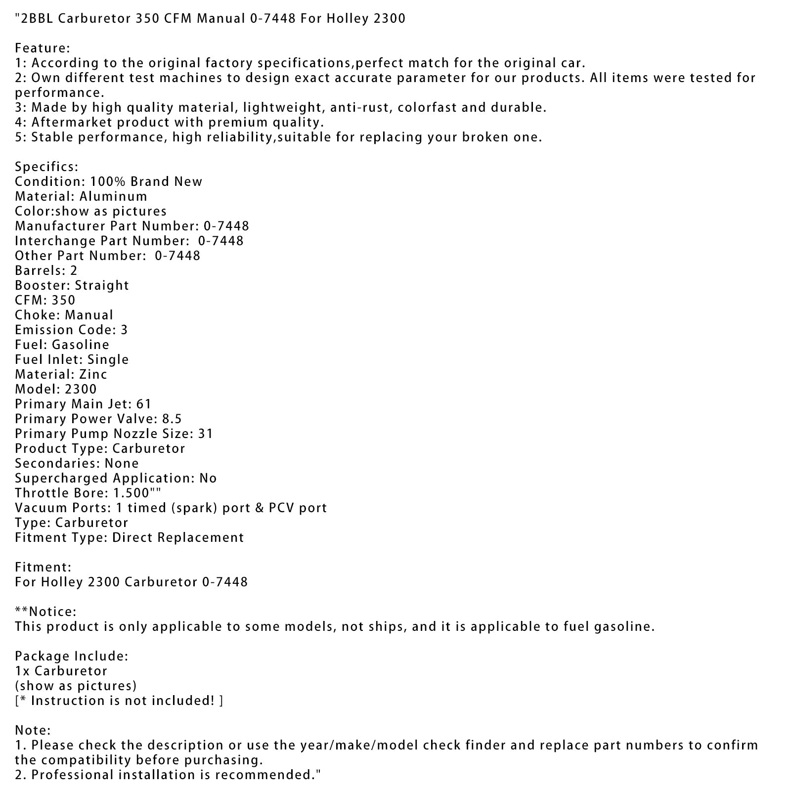 Holley 2300 2BBL 350 CFM manuaalinen kaasutin 0-7448