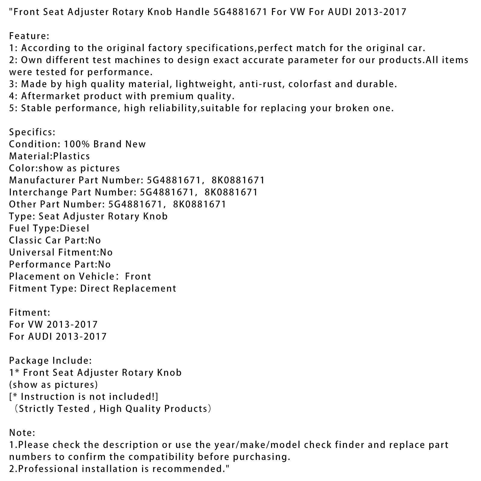 Etuistuimen säätö 5G4881671 VW: lle ja Audi 2013-2017