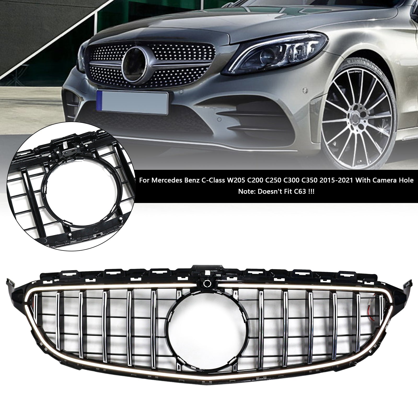 Grille de pare-chocs avant chromée à LED pour Mercedes W205 C250 C300 2015-2021