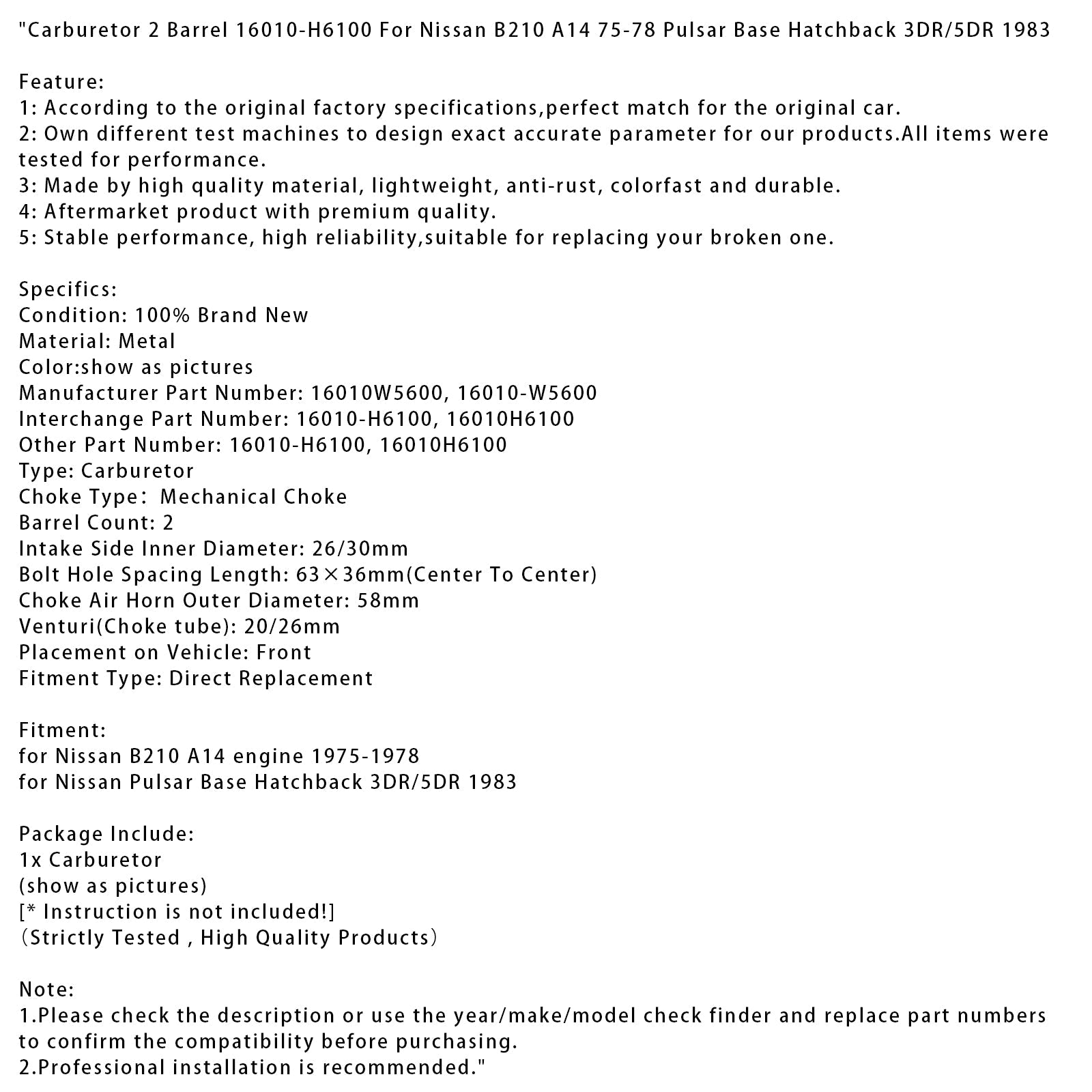 Carburateur 2 corps 16010-H6100 pour Nissan B210 A14 75-78 Pulsar Base Hatchback