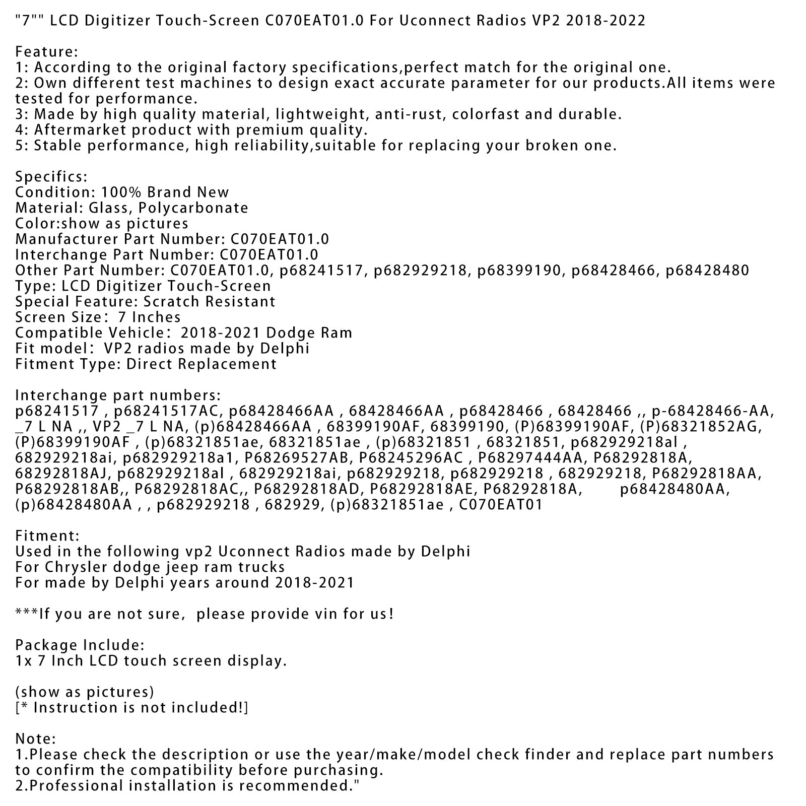 Digitalizator LCD zaslona na dotik 7""Radijski sprejemniki Uconnect VP2 2018–2022 C070EAT01.0"