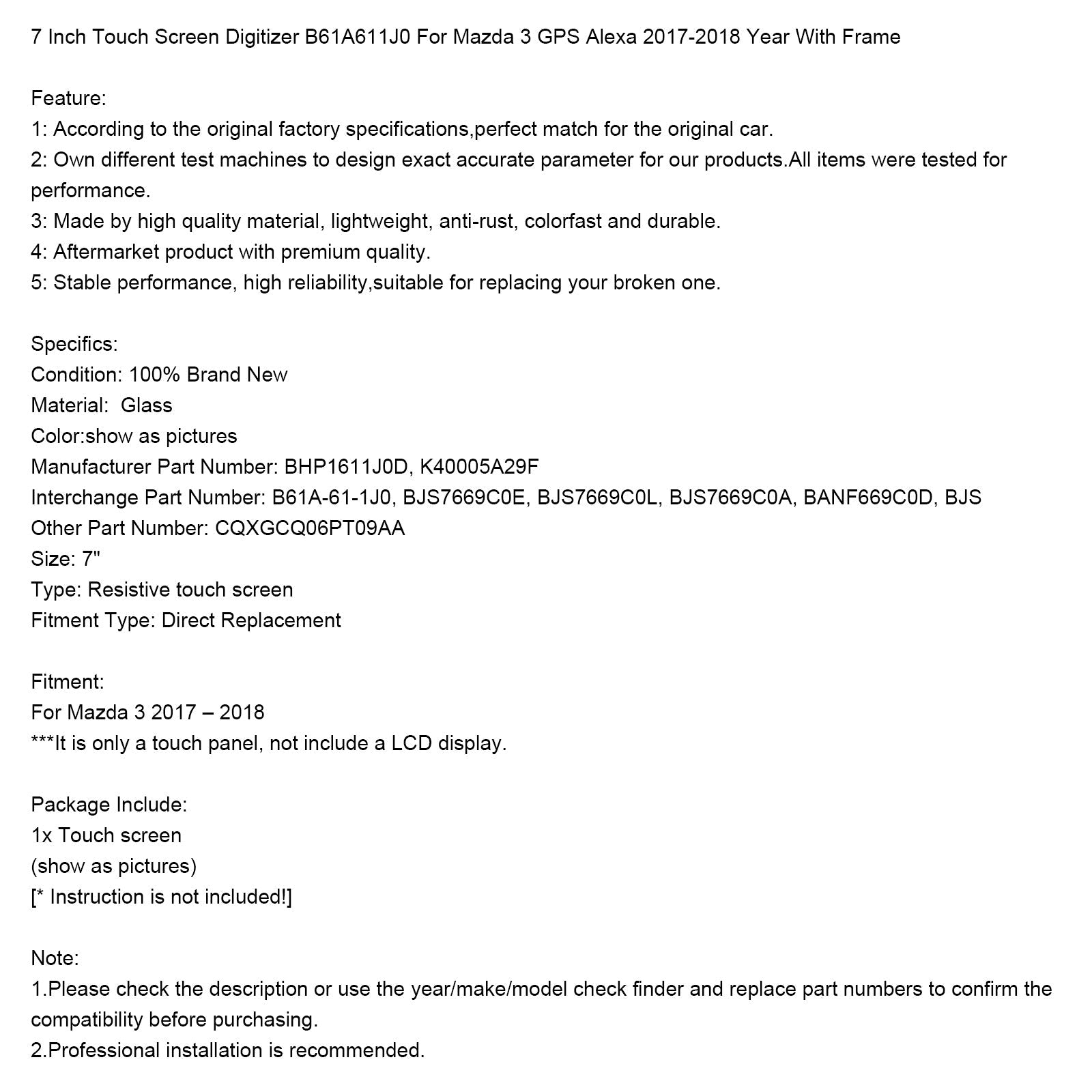 2017-2018 Mazda 3 GPS Alexa con marco digitalizador de pantalla táctil de 7 pulgadas B61A611J0