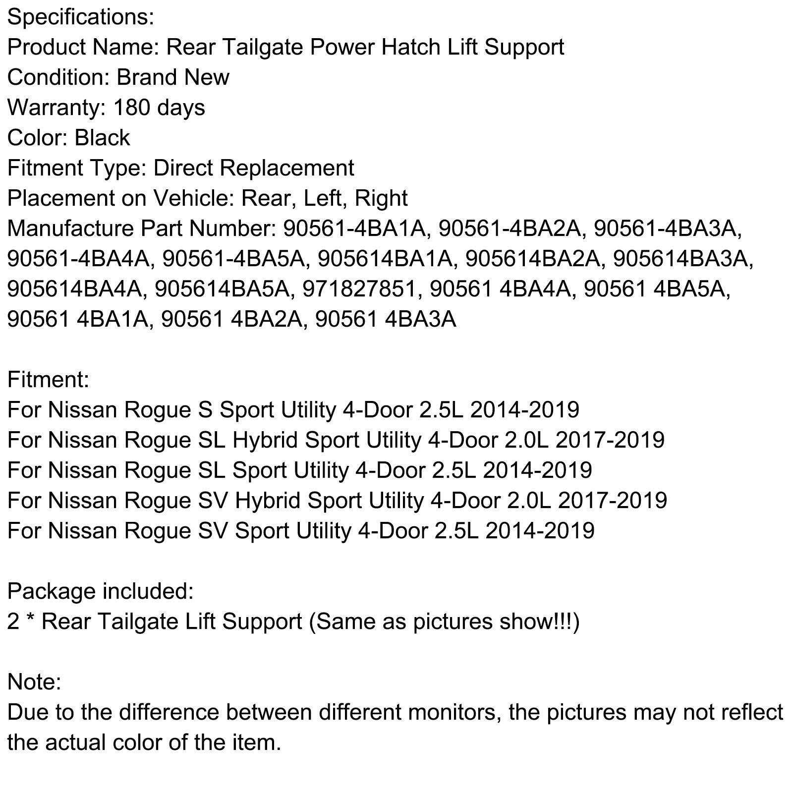 Amortiguadores eléctricos de portón trasero (2 piezas) para Nissan Rogue SL Hybrid Sport Utility 4 puertas 2.0L (2017-2019) - Números de pieza :905614BA4A y 971827851