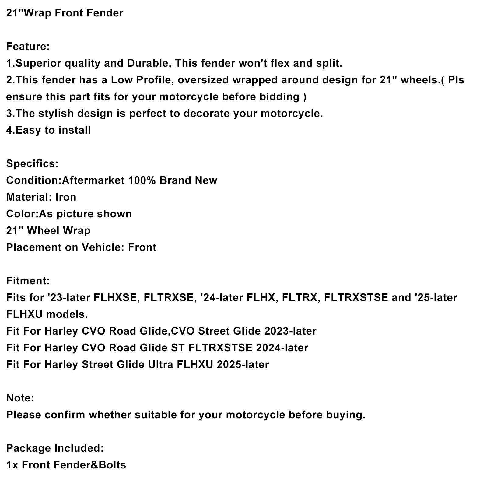 Kiertävä etulokasuoja 21""Rauta Harley Street Glide Ultra FLHXU:lle (2025 ja uudemmat mallit)"
