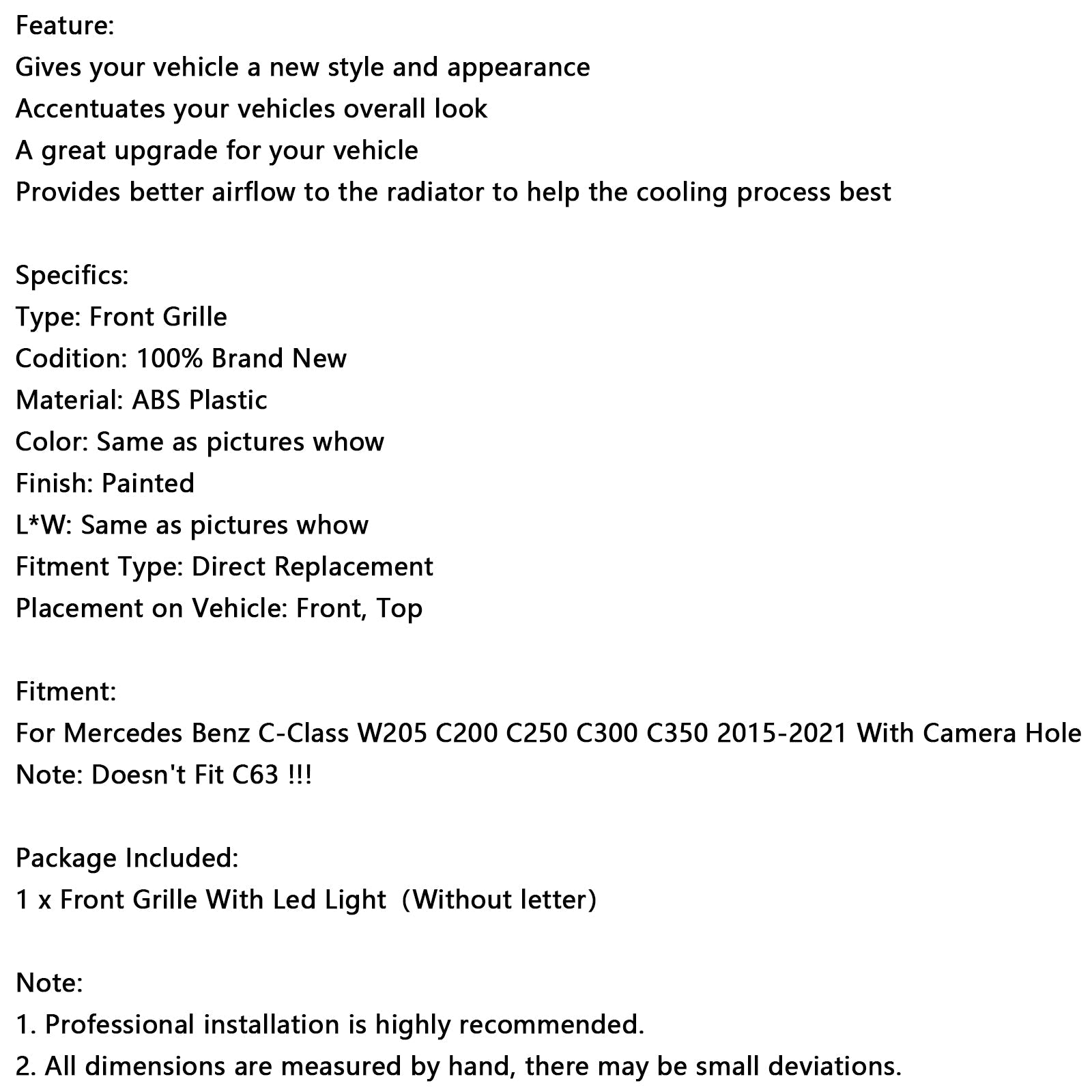 Griglia paraurti anteriore a LED nera per Mercedes W205 C250 C300 2015-2021