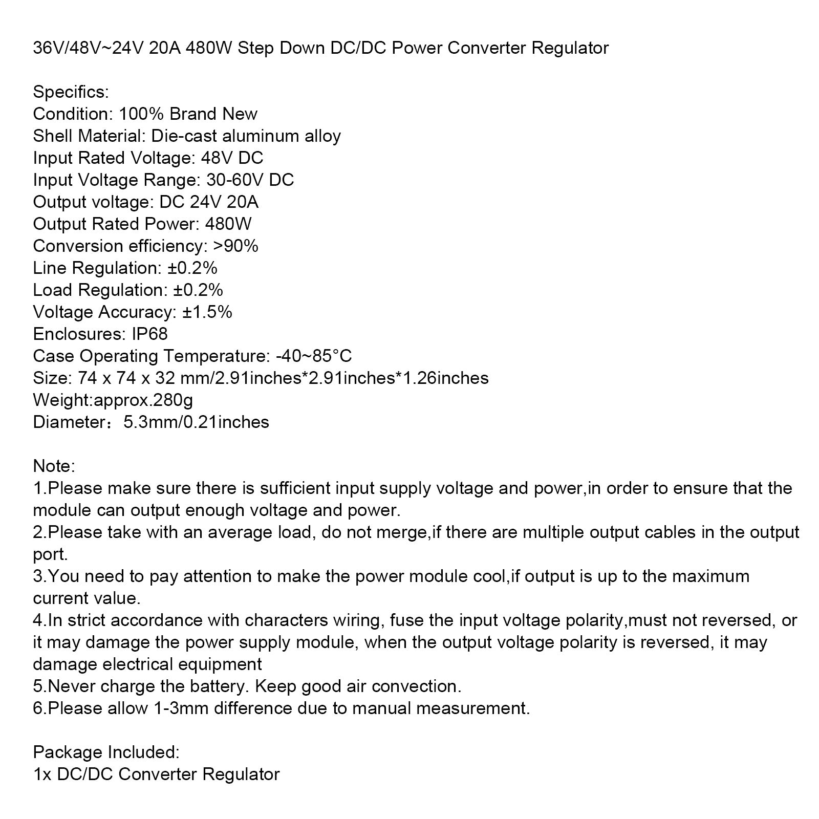 Imperméable Régulateur Convertisseur Tension 36/48V-24V Alimentation Module 20A