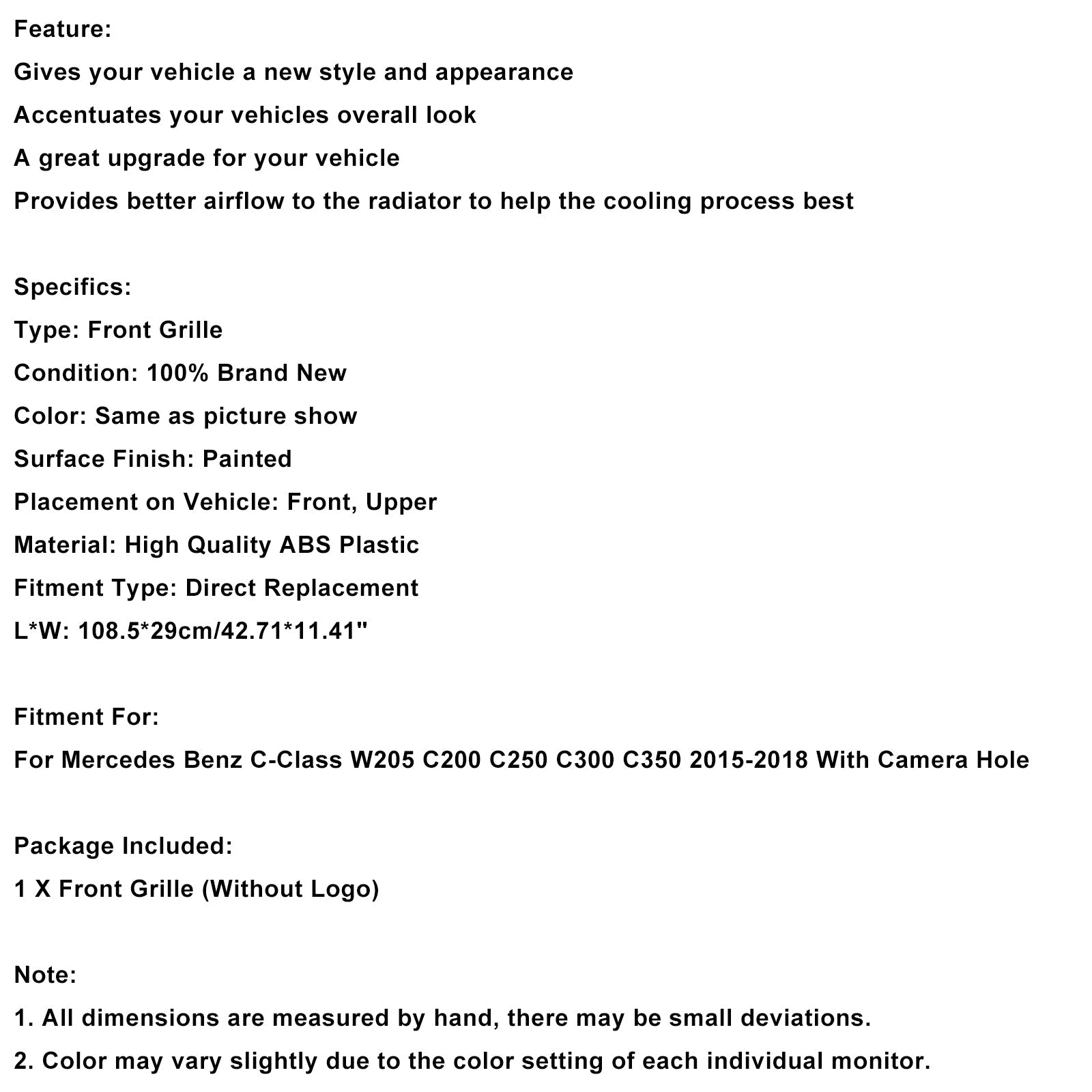 Calandre avant diamantée pour Benz Classe C W205 C250 C300 C400 2015-2018