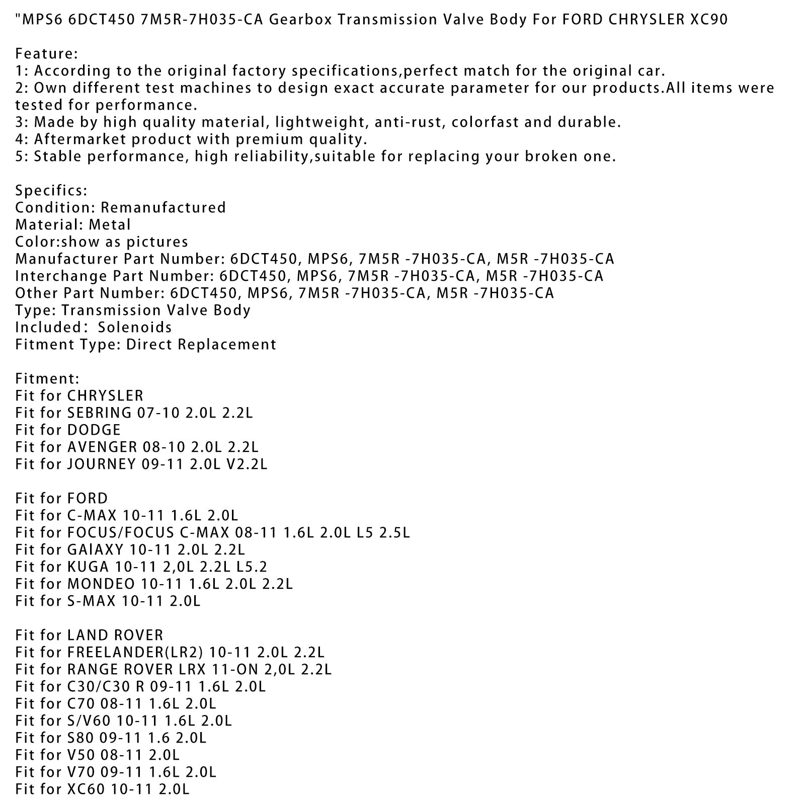 Corps de soupape de boîte de vitesses FORD C-MAX 1,6 L 2,0 L 2010-2011 MPS6 6DCT450 7M5R-7H035-CA