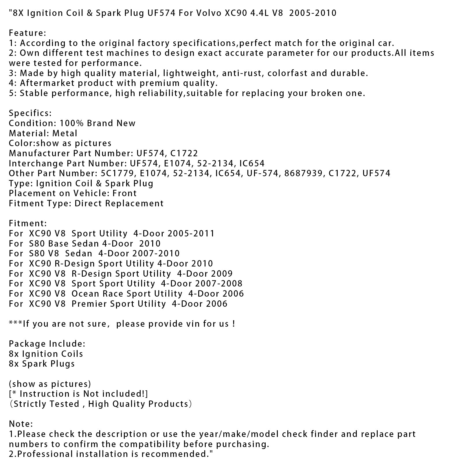Spoel van'ontsteking en bougie'8X UF574 ontsteking voor Volvo XC90 4.4L V8 2005-2010