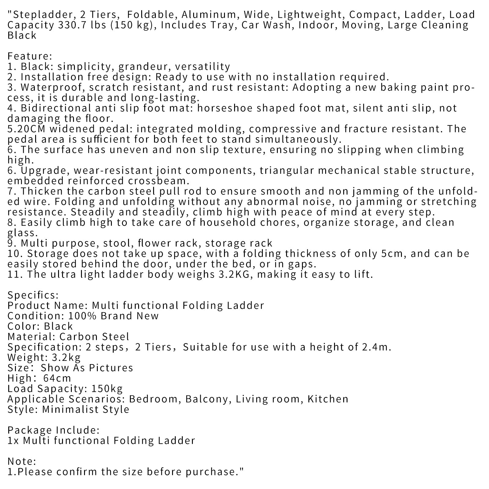 Escabeau, 2 niveaux, pliable, aluminium, large, léger, compact, échelle