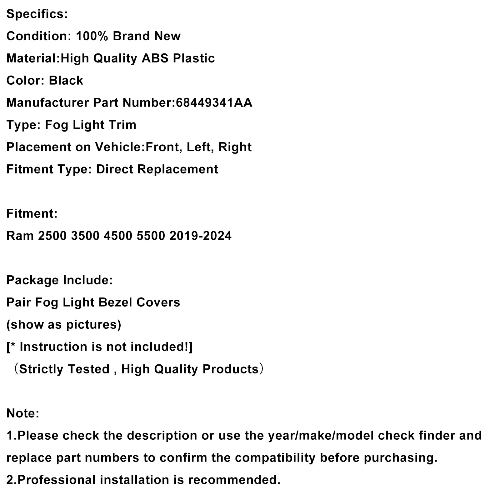 Paire de garnitures de phares antibrouillard pour Ram 2500 et 3500 2019-2024 (68449341AA)