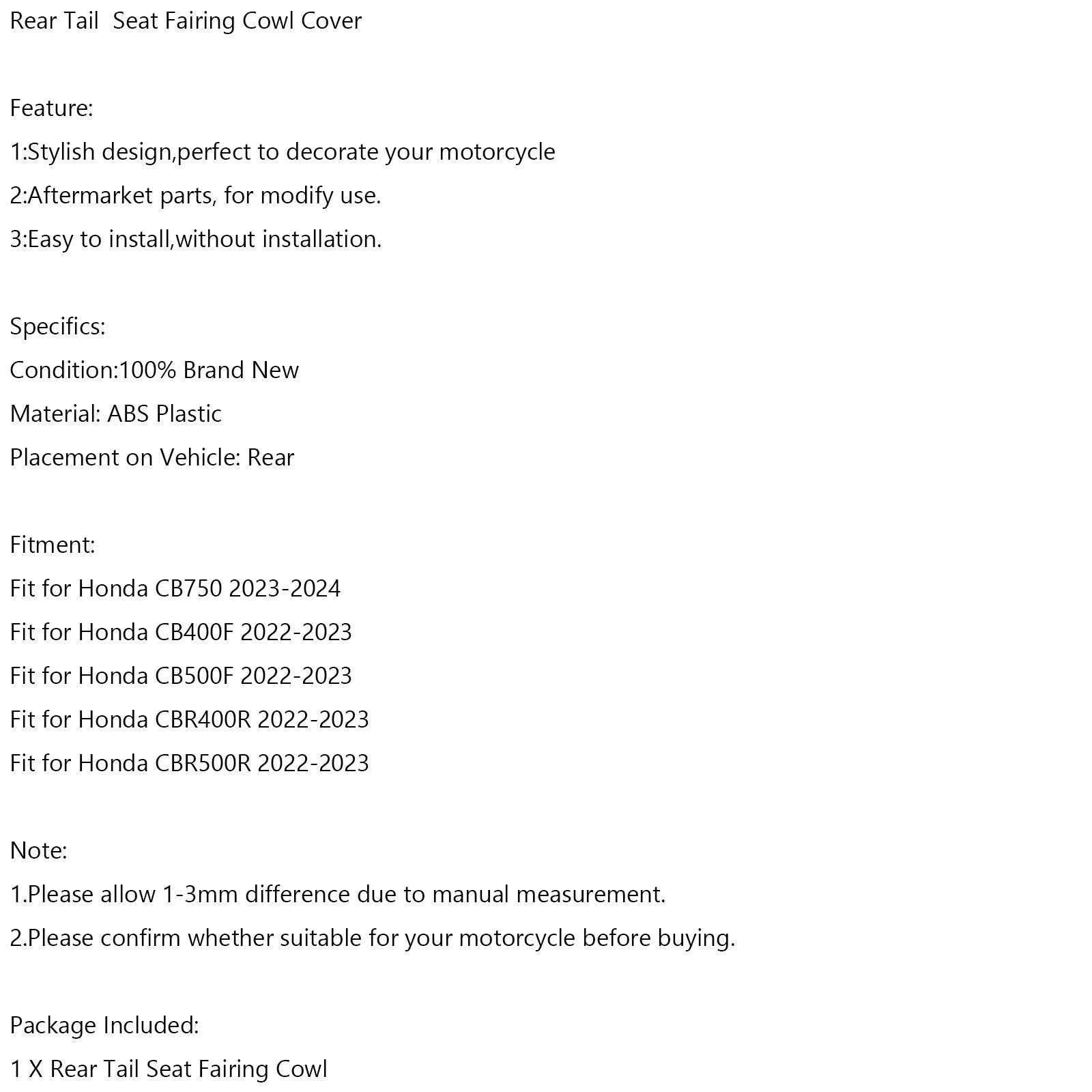 Funda Carenado Asiento Trasero Honda CB400F 2022-2023