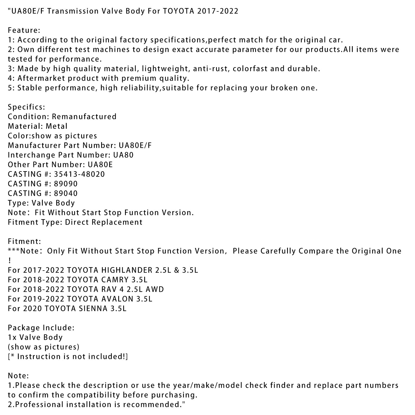 UA80E/F 35413-48020 89090 Telo za prenosni ventil za Toyota Highlander 2,5 L in 3,5 L 2017-2022