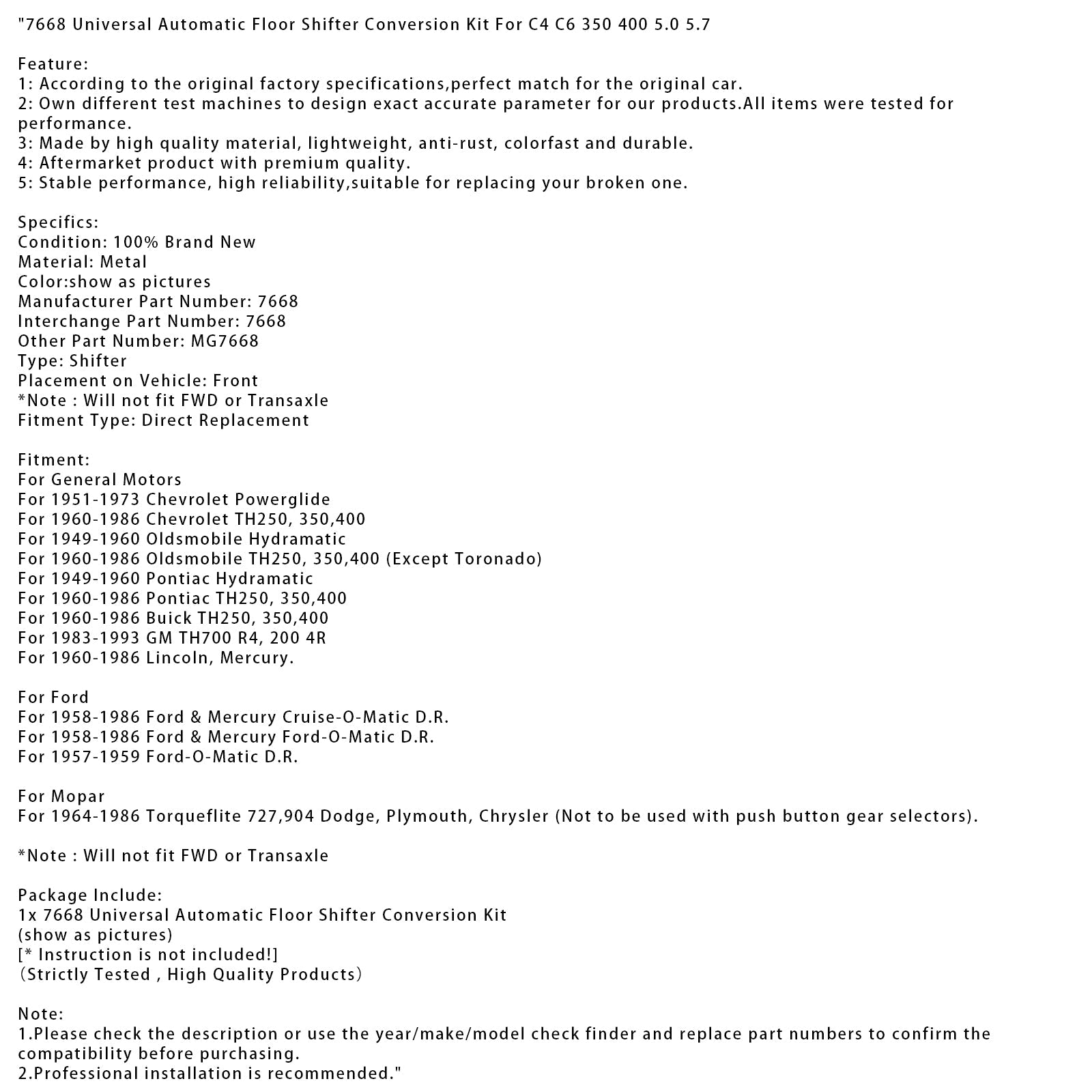 Kit di conversione della leva automatica universale per il pavimento per Buick Th250, 350, 400 7668 dal 1960 al 1986