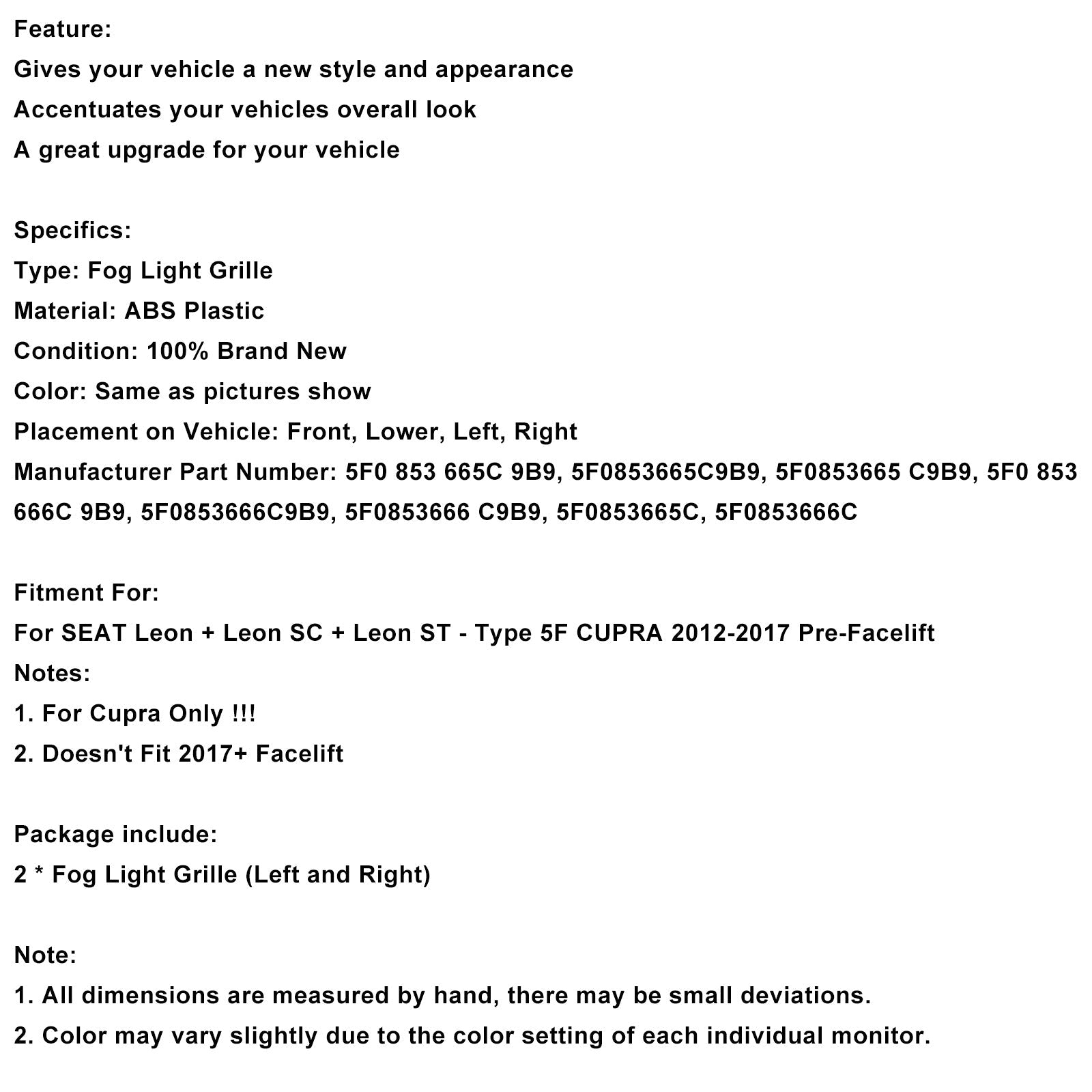 Črn pokrov maske sprednjih meglenk gnezdo'čebela za Seat Leon Cupra 5F (2012-2017)