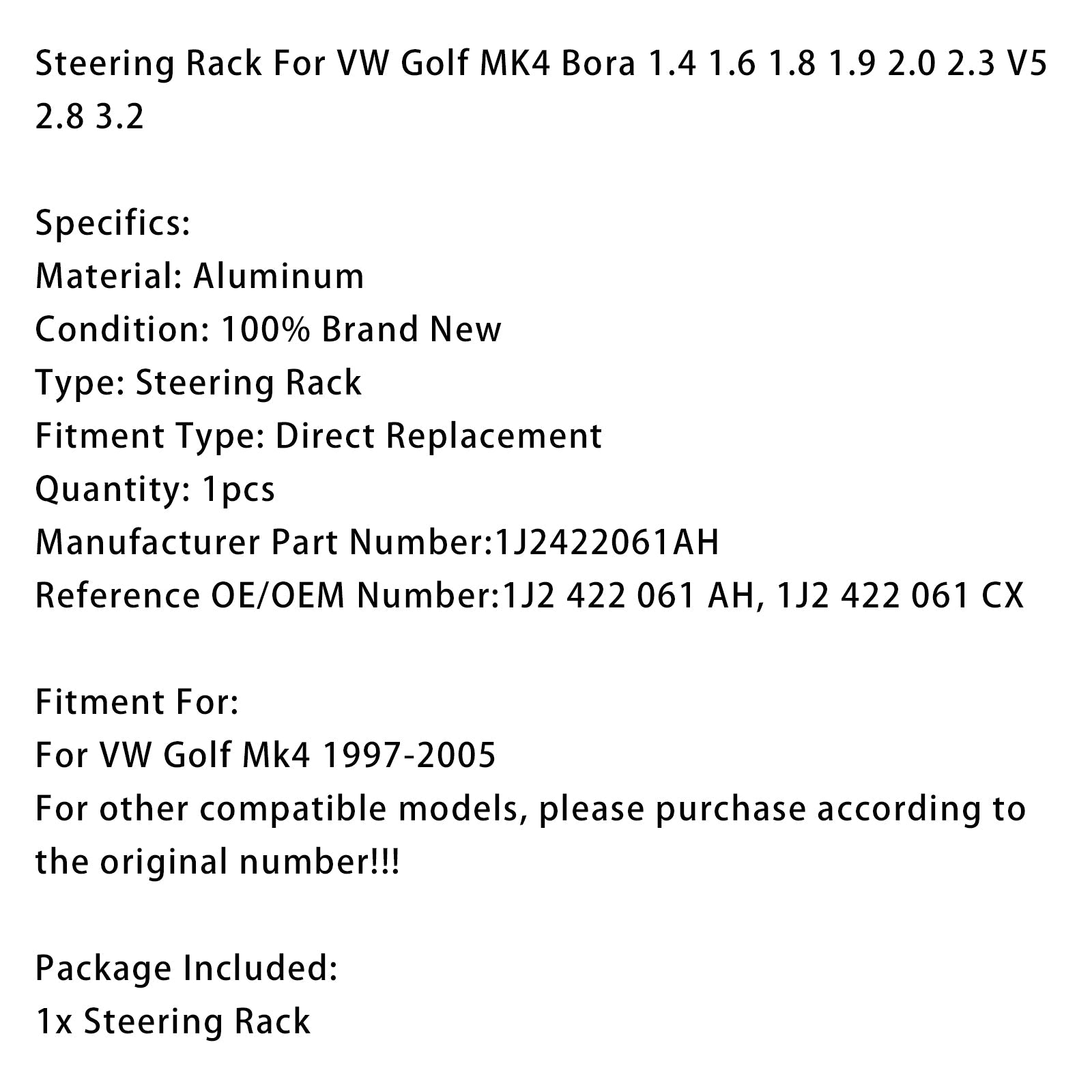 Rack de gestión para VW Golf Mk4 1997-2005, conducción de derecha 1J2422061AH