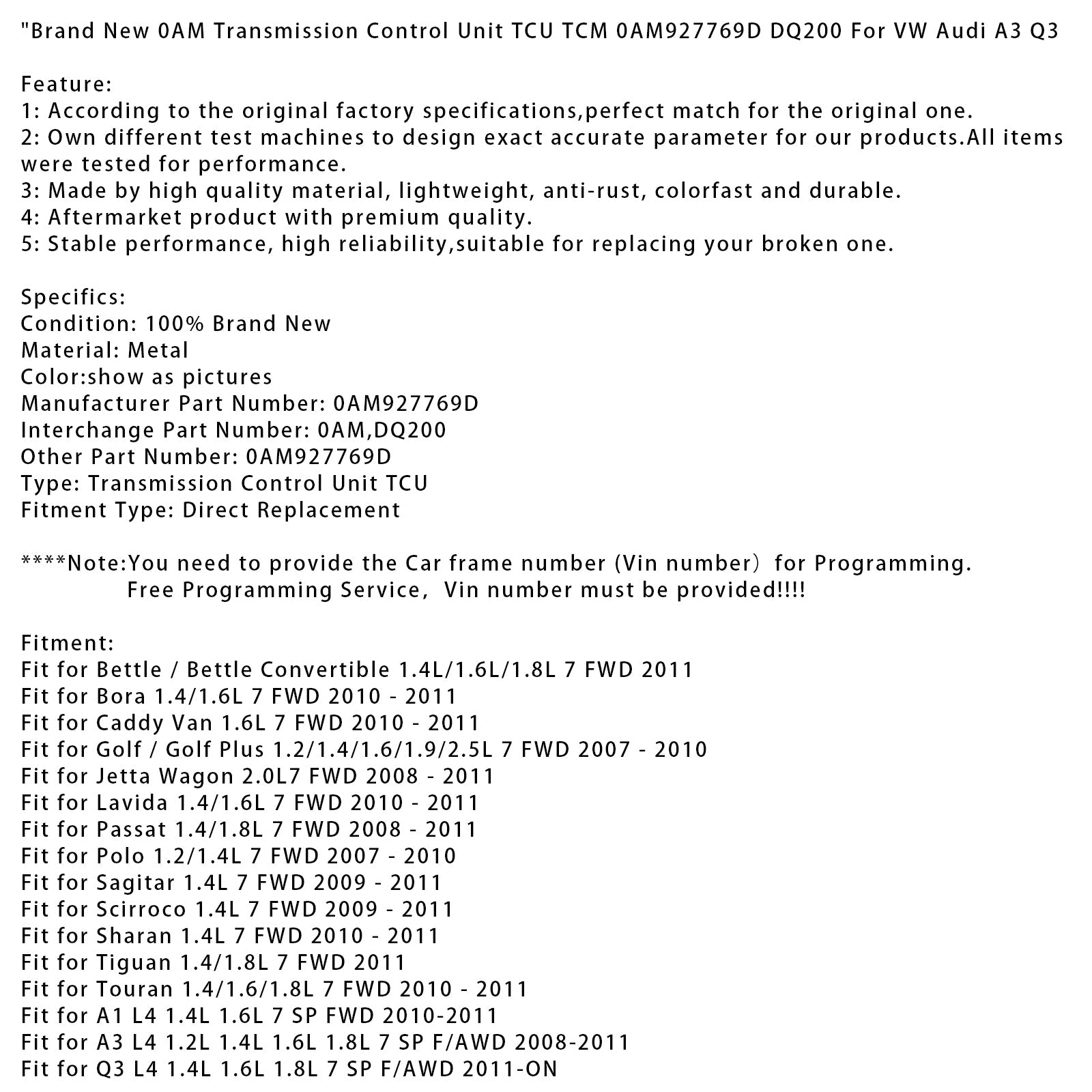 TCC TCM 0M927769D DQ200 -siirtoohjausyksikkö Scirroco 1,4L 7 FWD 2009-2011