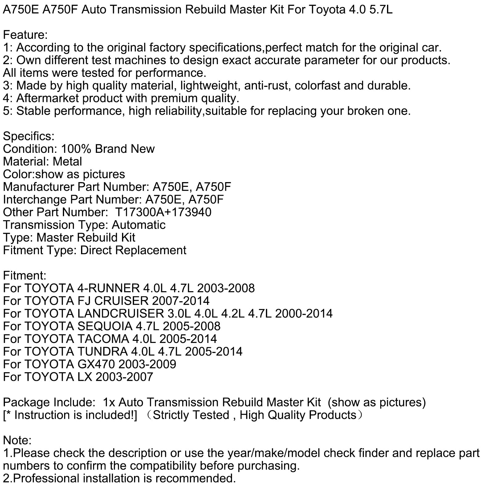 Kit di ricostruzione della trasmissione automatica per Toyota Land Cruiser 3.0L, 4.0L, 4.2L e 4.7L (2000-2014) A750E e A750F