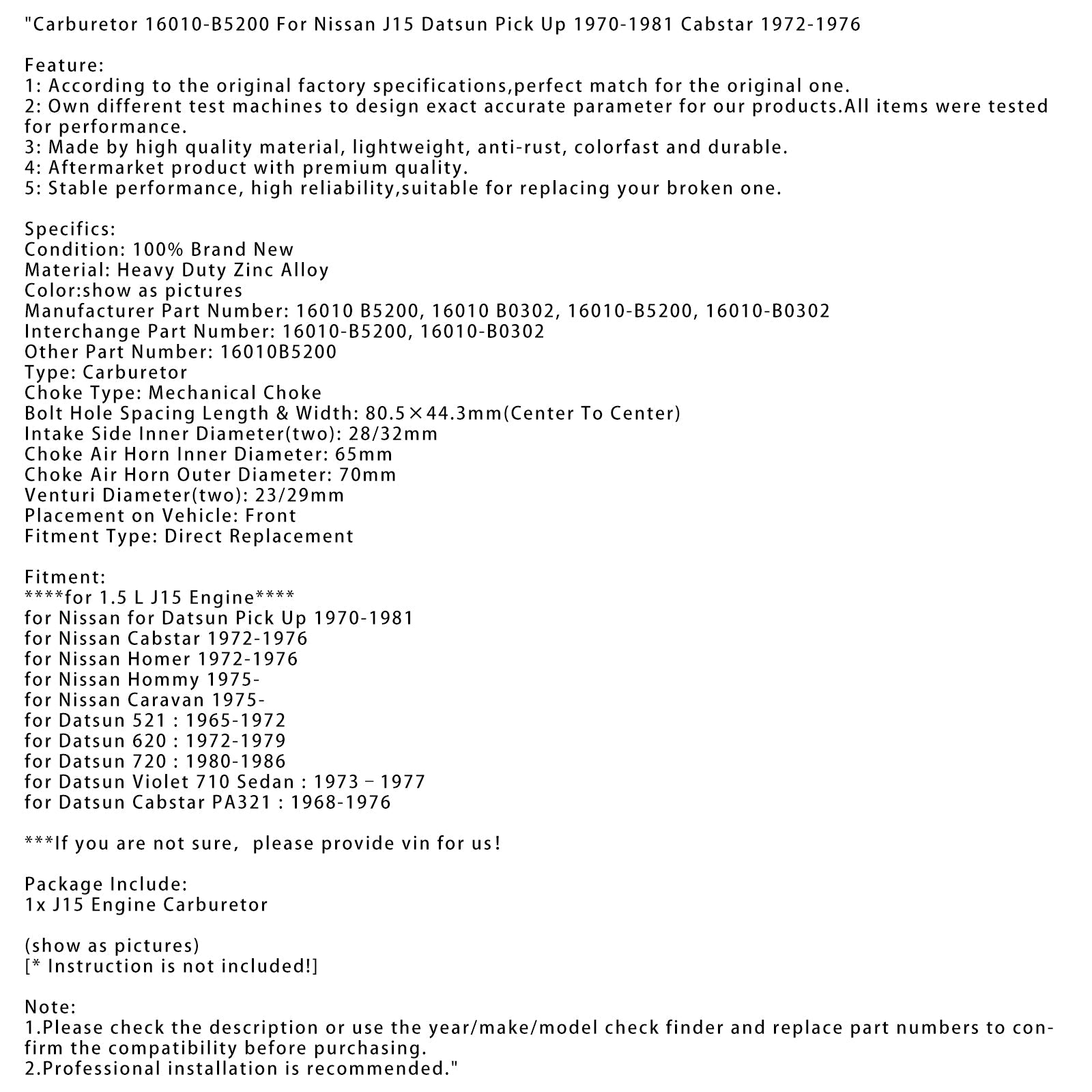 1973–1977 Datsun Violet 710 Sedan 1.5L J15 Carburatore motore 16010-B5200 16010-B0302