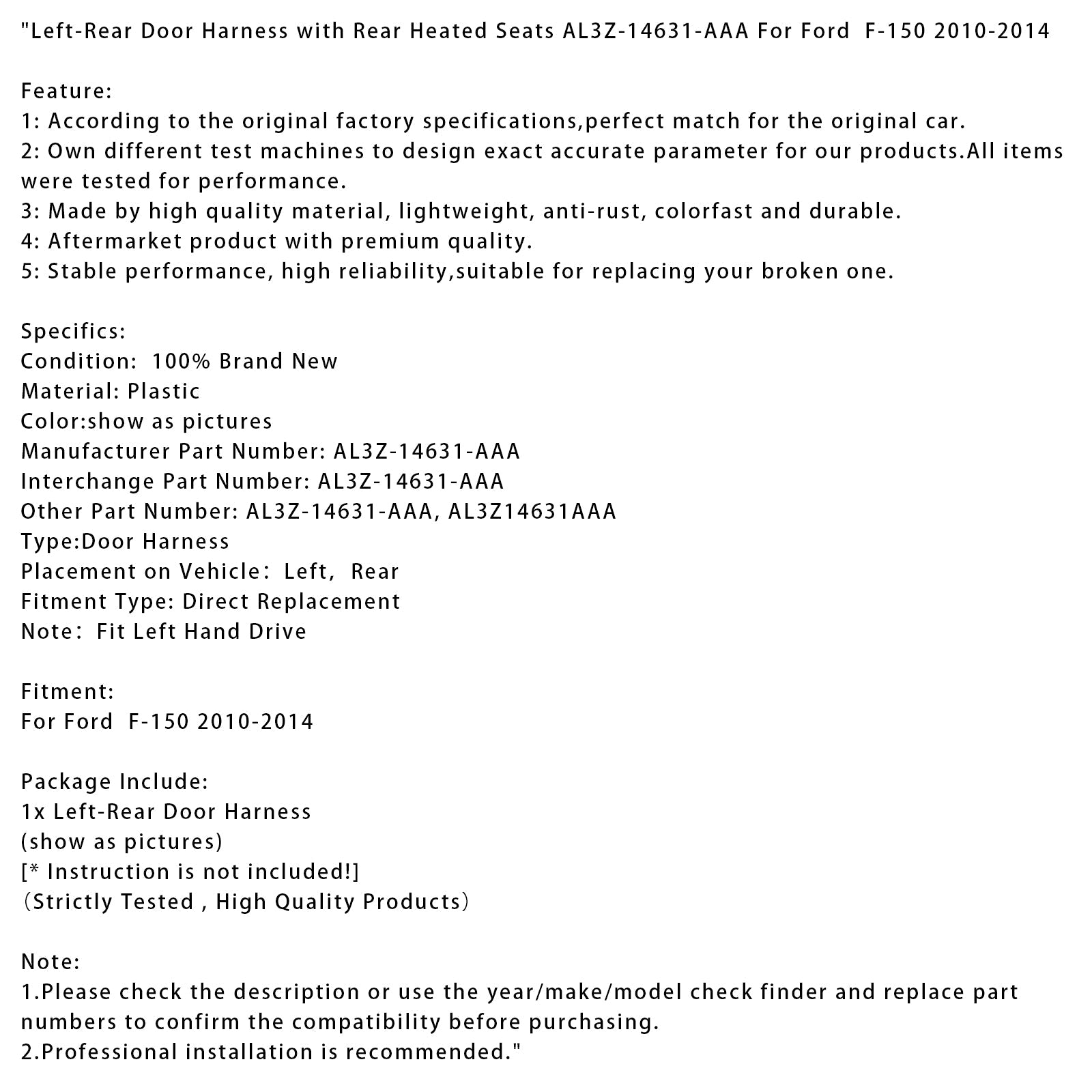 Faisceau de câbles pour portière arrière gauche avec sièges chauffants pour Ford F-150 2010-2014 (AL3Z-14631-AAA)