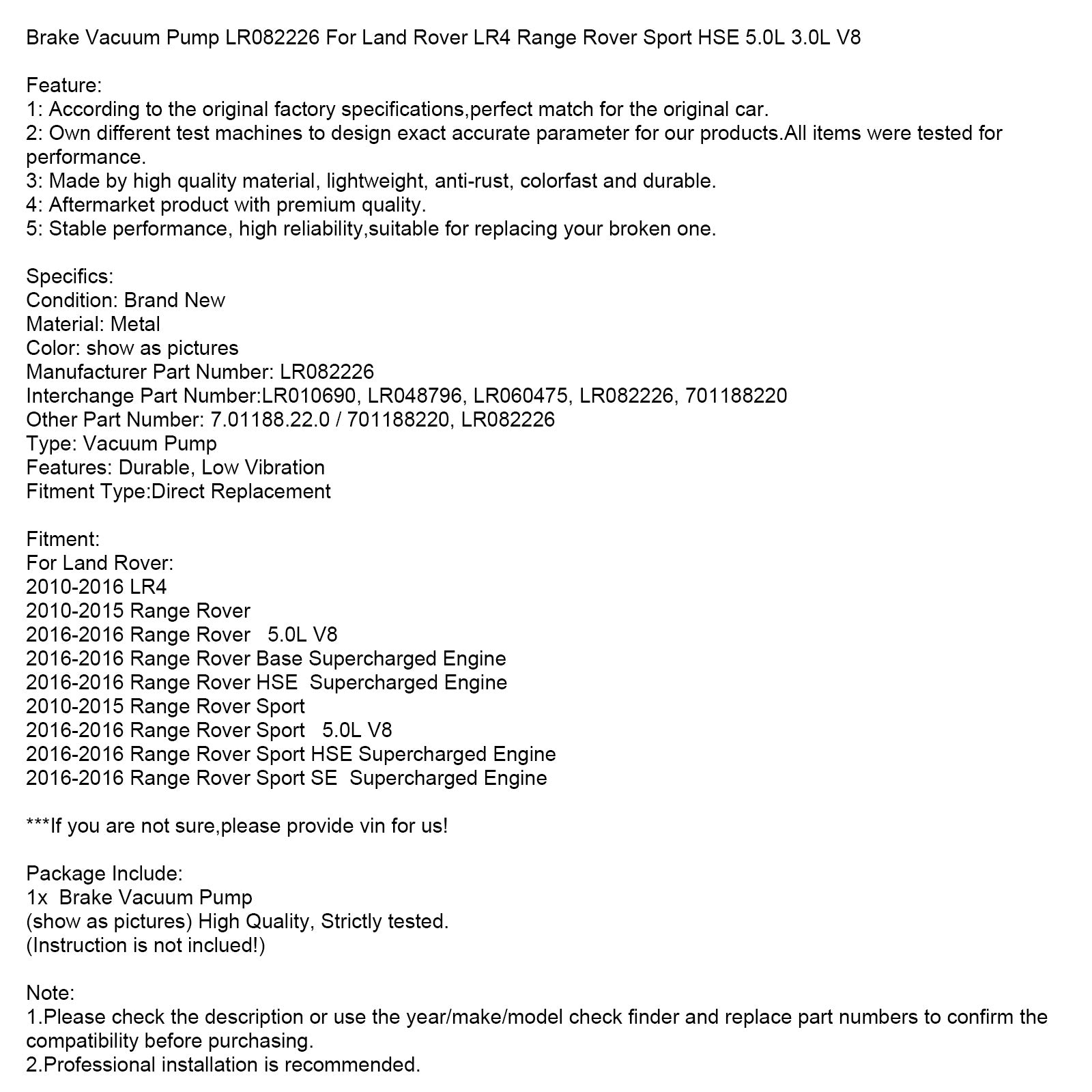 Land Rover LR4 Range Rover Sport HSE 5.0L 3.0L jarrutyhjiöpumppu LR082226