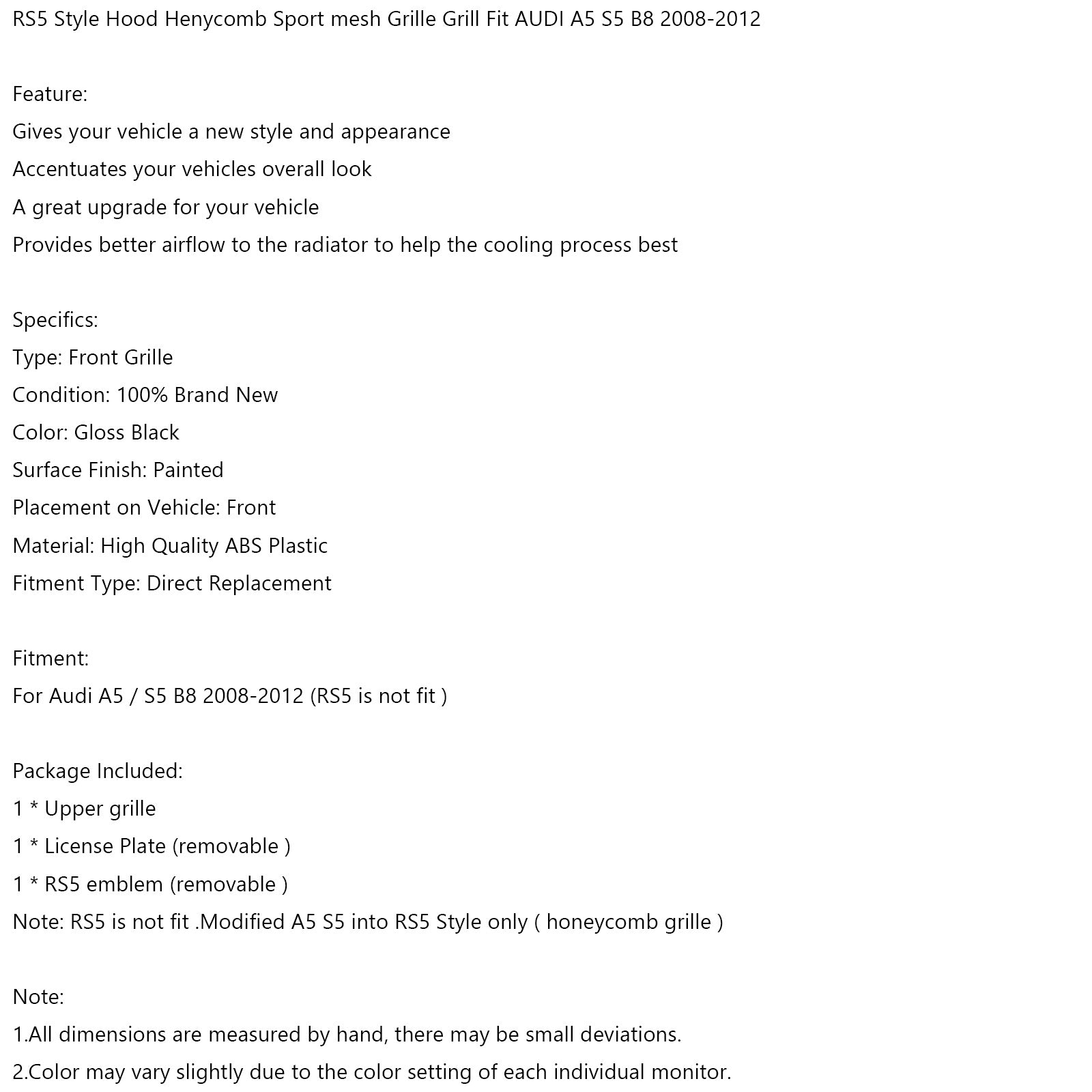 Maska w stylu RS5 Henycomb Sportowa siatka Grille Grill Pasuje do AUDI A5 S5 B8 2008-2012