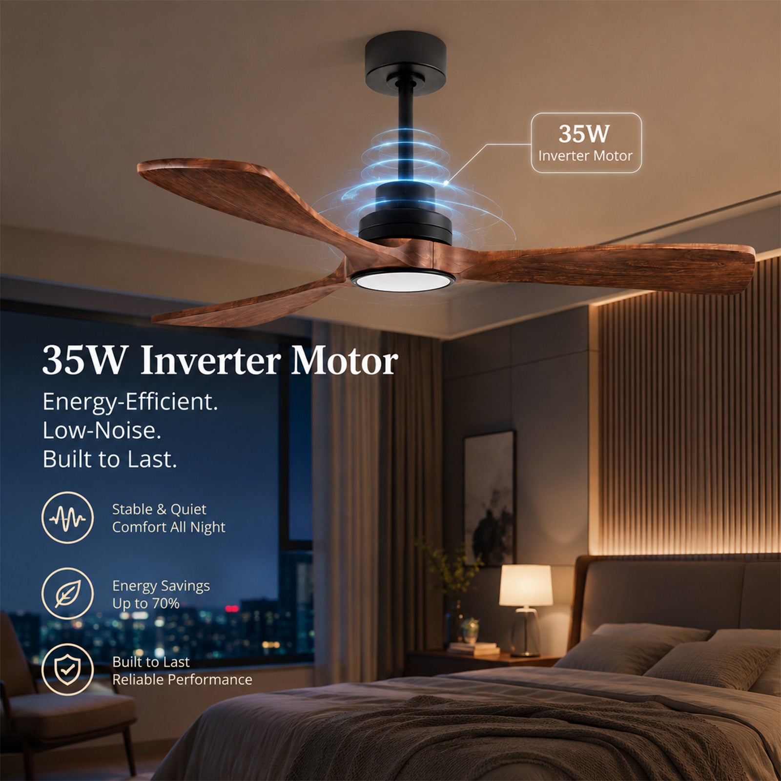 Ventilateur de Plafond Intelligent 52" avec Éclairage – Télécommande/App, Ultra Silencieux, Pales en Bois Massif