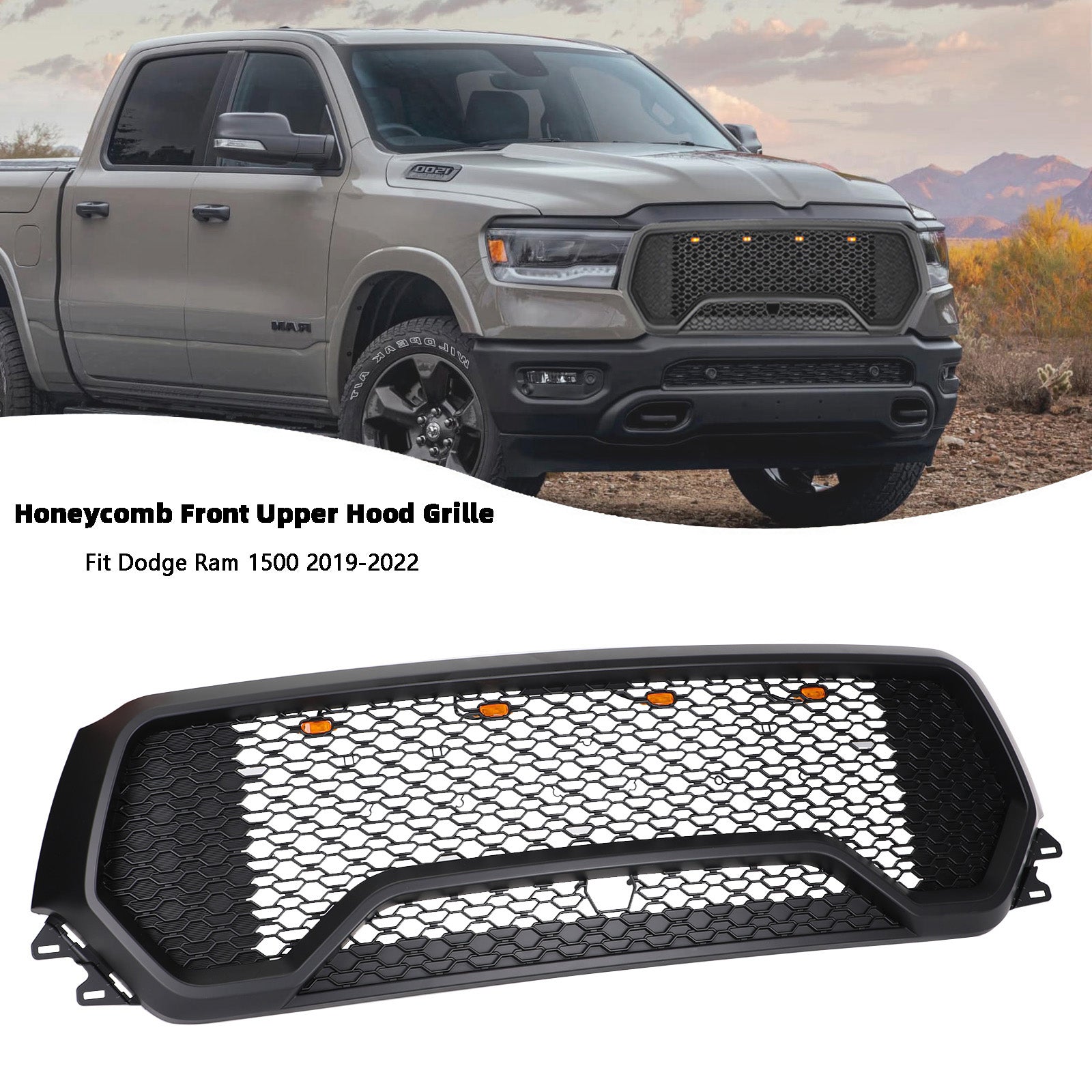 TRX Style LED Honeycomb Front Upper Hood Grille Fit Dodge Ram 1500 2019-2022