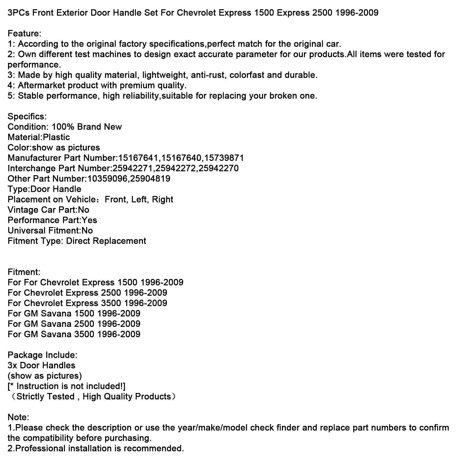 Set di 3 maniglie per porte anteriori esterne per Chevrolet Express 1500 2500 1996-2009