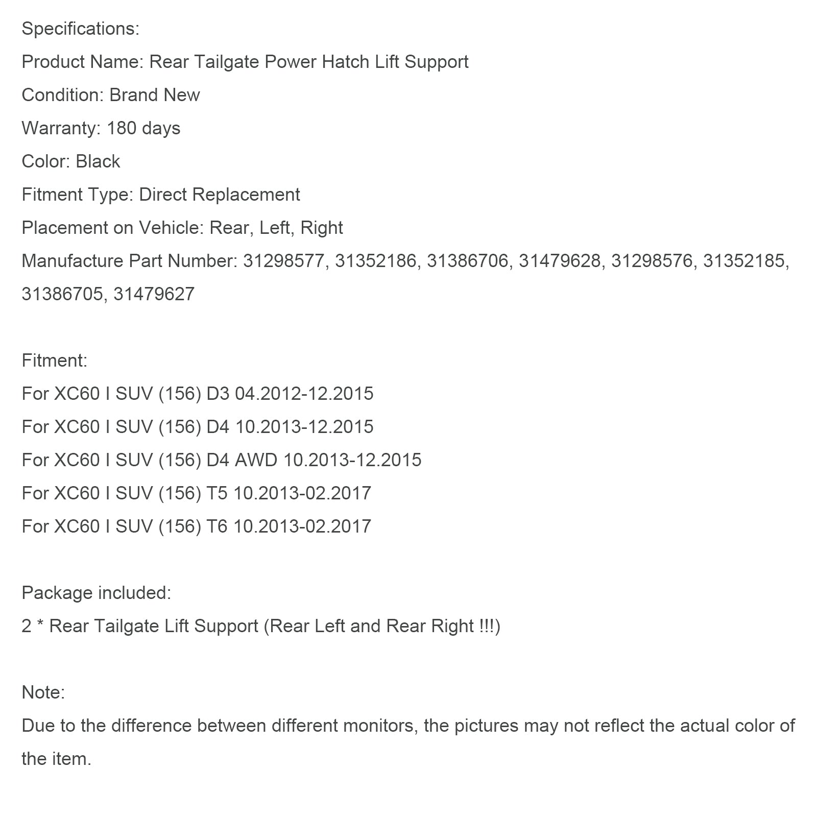 2 sähköistä takaluukun kaasujousia, osanumerot 31386705 ja 31386706, yhteensopivat Volvo XC60:n (2012-2017) kanssa