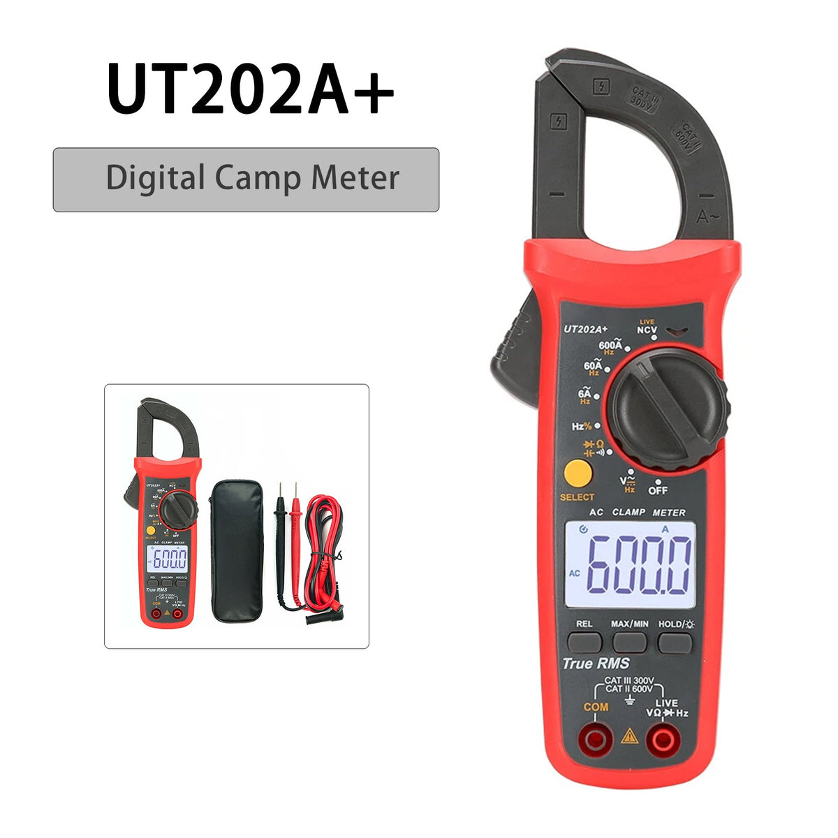 UT202A+ Digitale stroomtang, 6000 tellingen, automatische bereikselectie, True RMS-multimeter, NCV