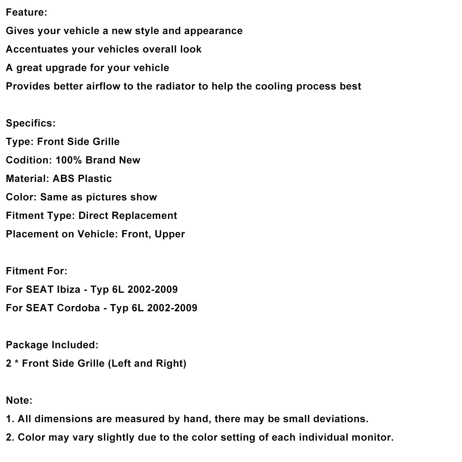 Honingraat frontrooster&2 stuks Kever voor Seat Ibiza Cordoba 6L 2002-2009 FR