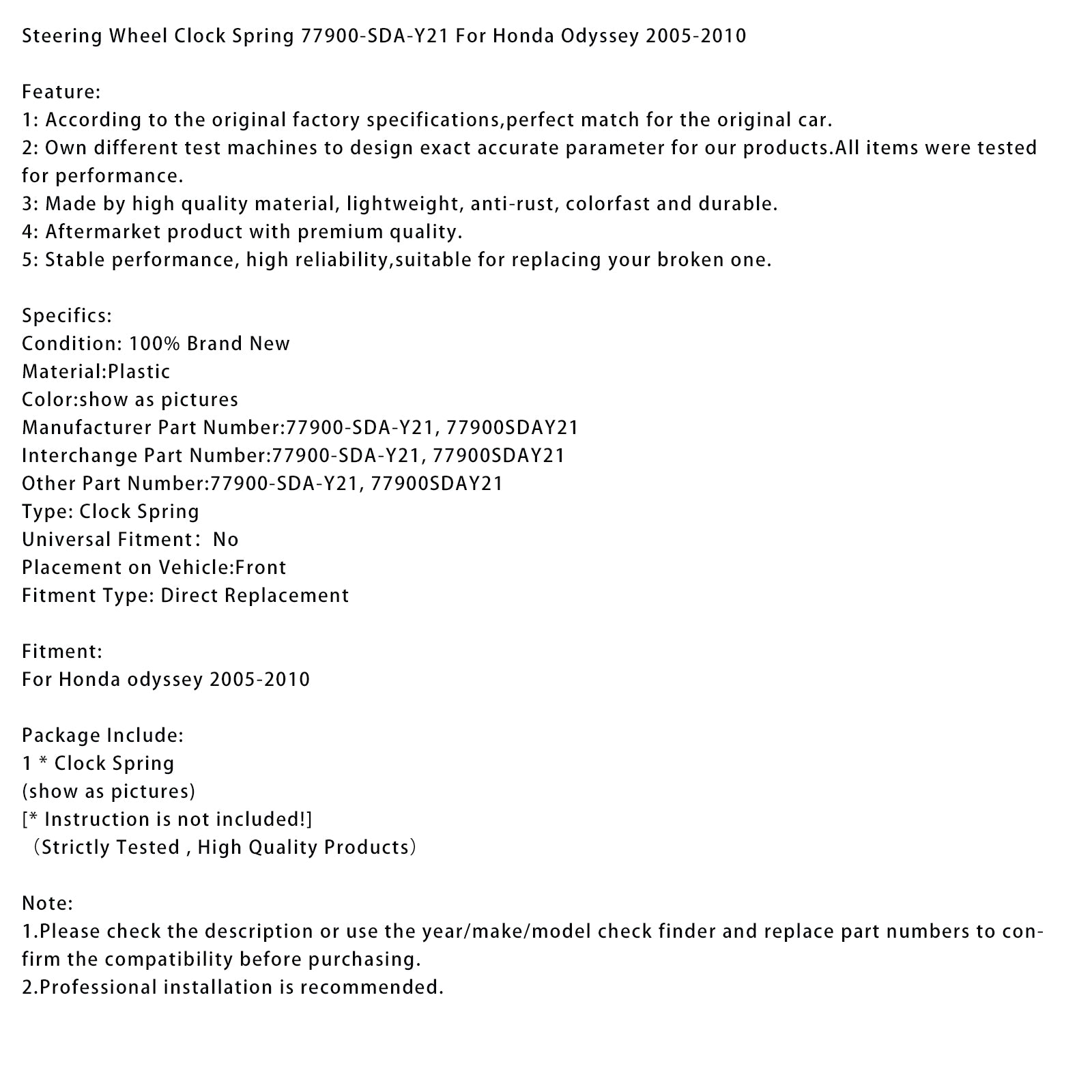 Ohjauspyörän palautusjousi Honda Odysseylle 2005-2010, osanumero 77900-SDA-Y21