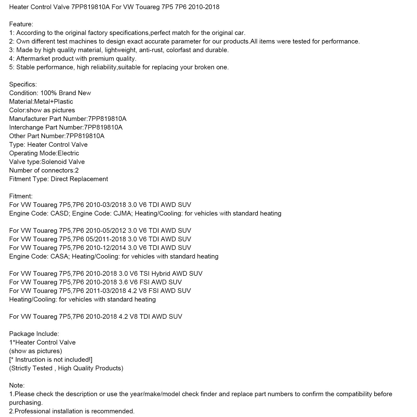 Válvula de control del calentador 7PP819810A para VW Touareg 7P5 7P6 2010-2018