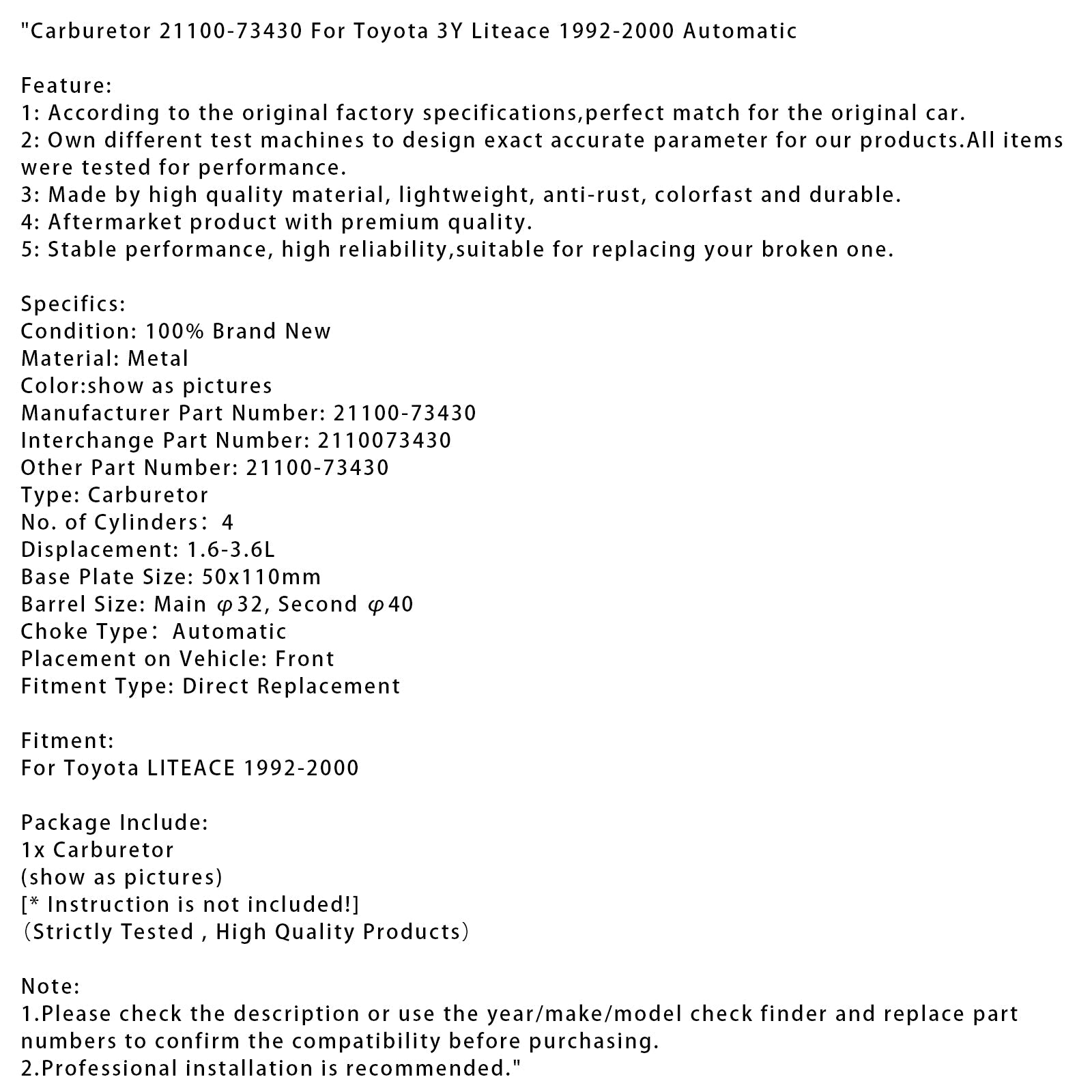 Carburatore automatico Toyota 3Y Liteace 1992-2000 21100-73430