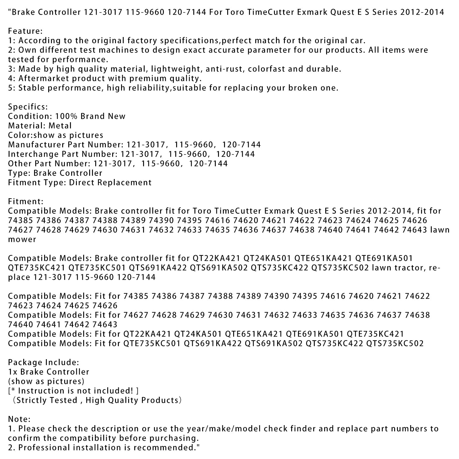 Kontroler hamulca 121-3017 115-9660 120-7144 dla Toro Timecutter Exmark Quest E