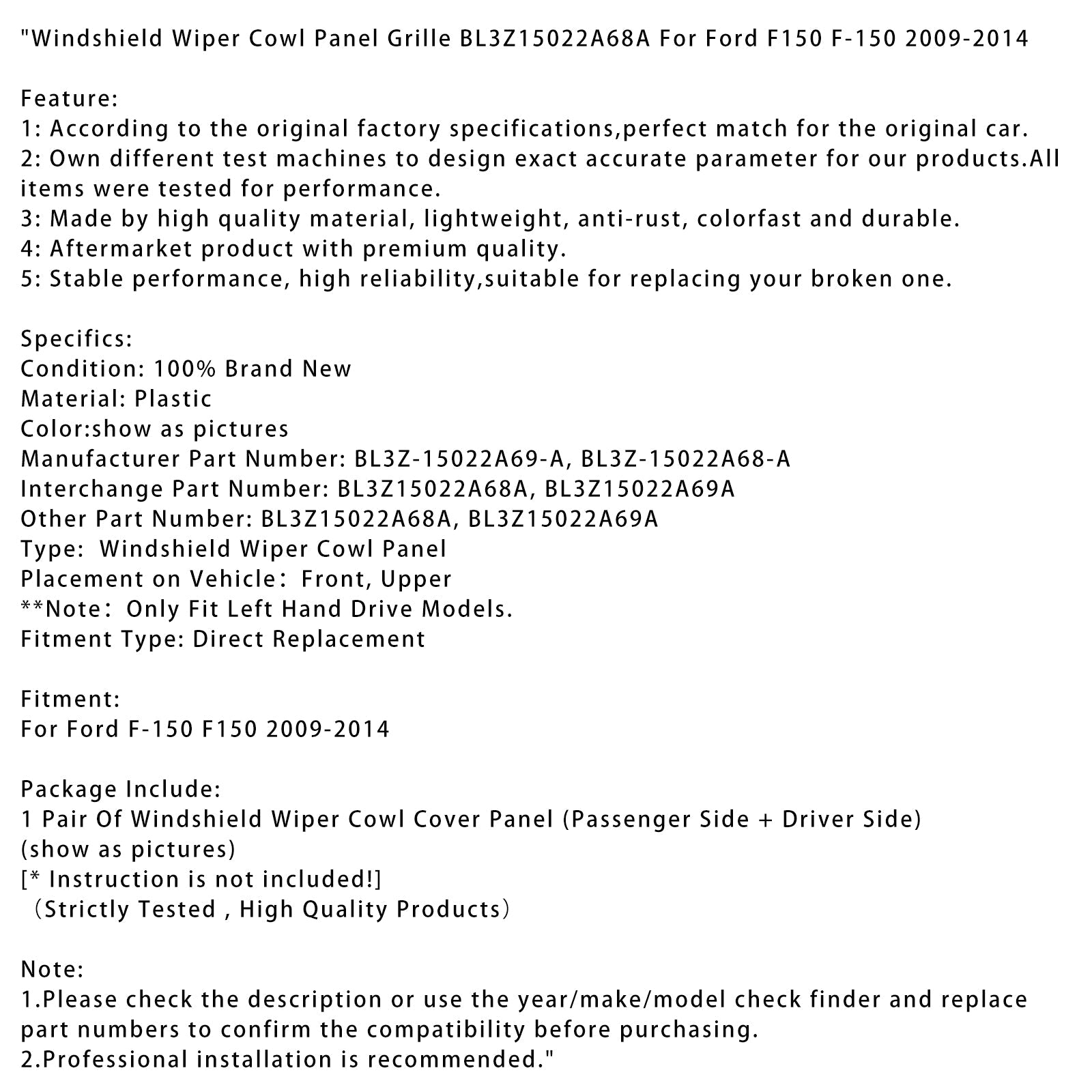 Grille de capot d'essuie-glace pour Ford F-150 2009-2014 BL3Z15022A68A