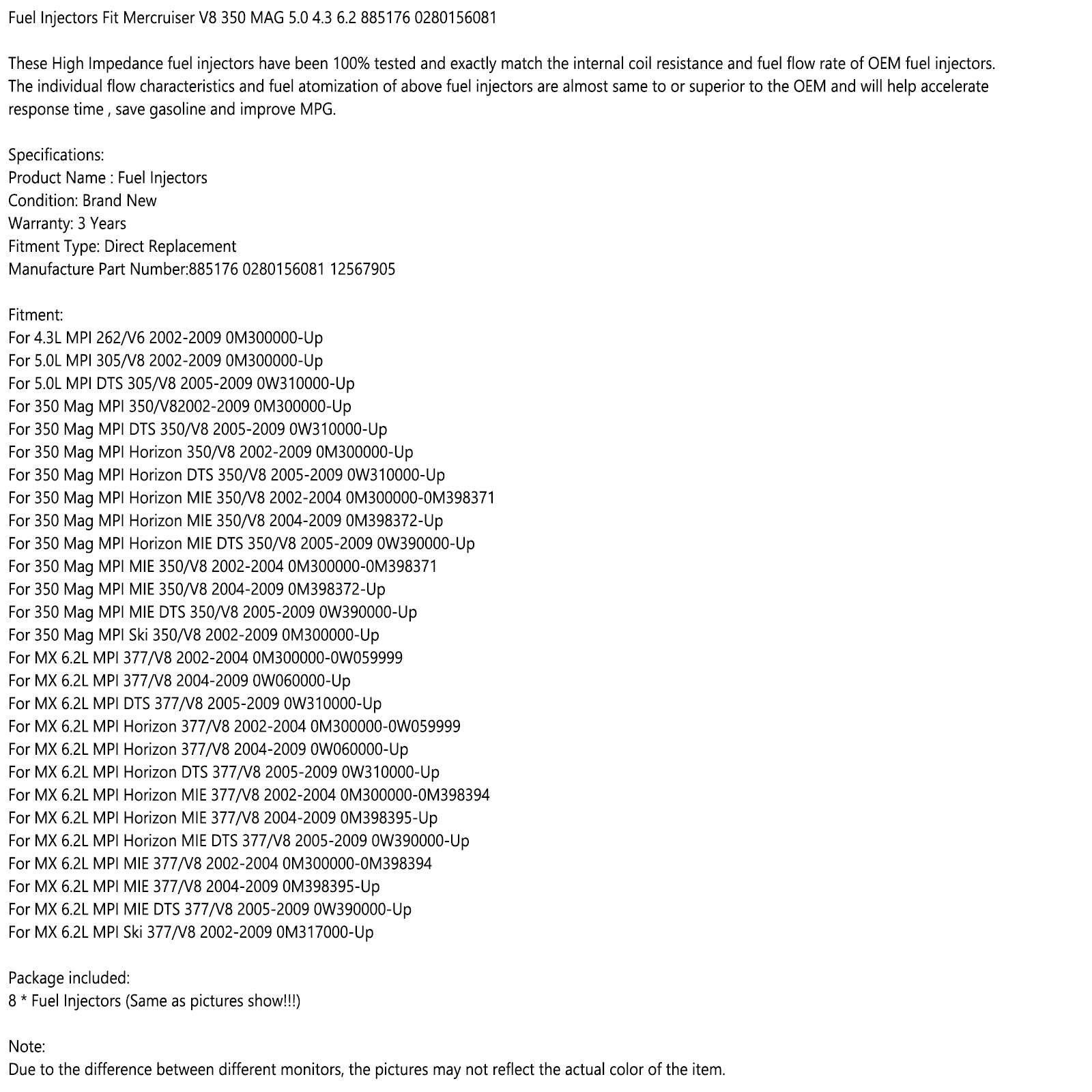 8 sztuk wtryskiwaczy paliwa dla Mercruiser V8 350 MAG 5.0 4.3 6.2 885176 0280156081